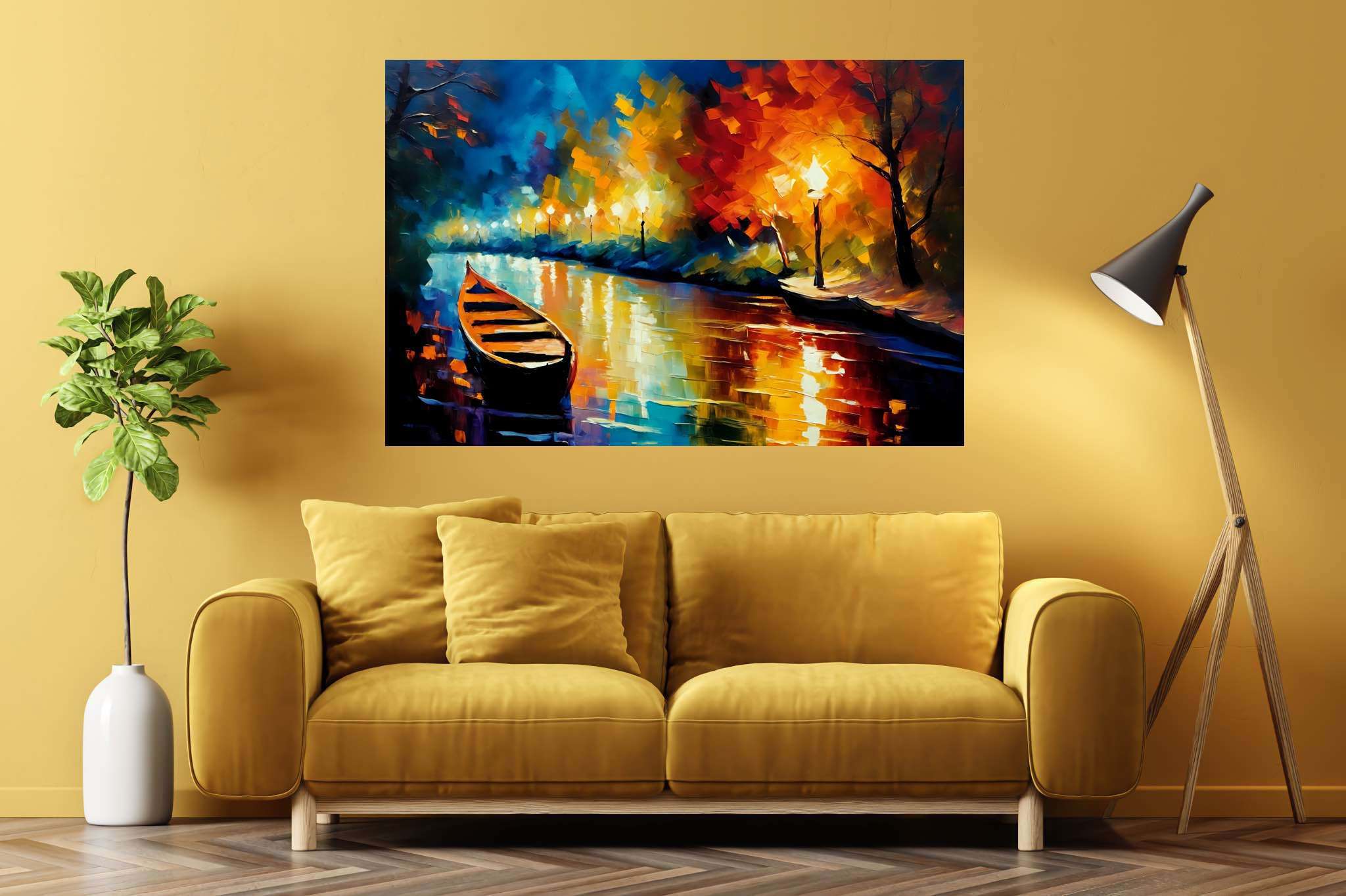 Lunar serenade on sapphire waters: Night boat art with tranquil boat scenery, in a room with urban design, mural artworks, and artisan decor. The art can be printed on poster, framed poster, canvas, metal, acrylic or wood, exclusively at WallArtZen. Find this exact print at https://wallartzen.com/waz86