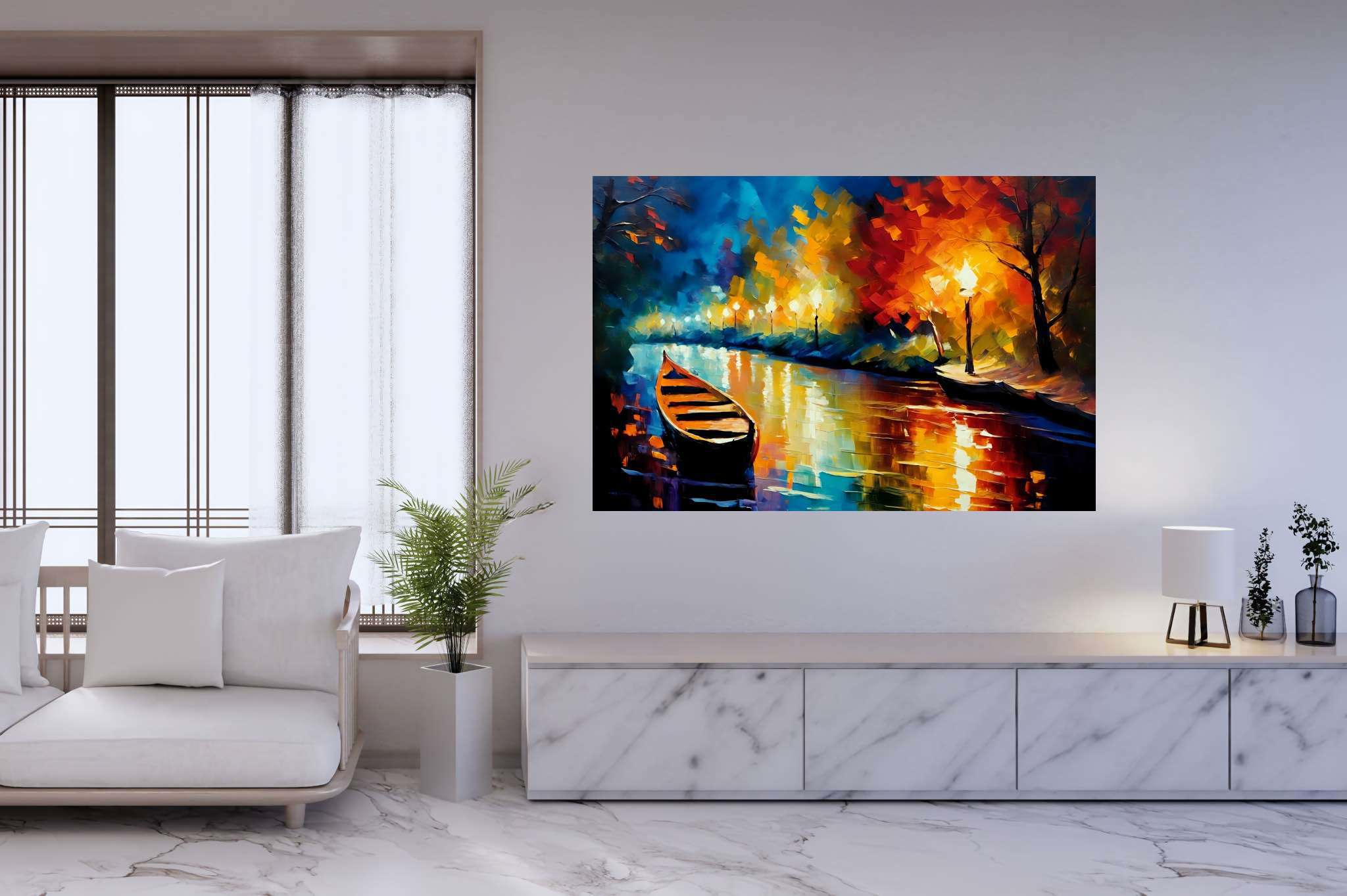 Lunar serenade on sapphire waters: Night boat art with moonlit water painting, in a room with urban design, wall art, and elegant home goods. The art can be printed on poster, framed poster, canvas, metal, acrylic or wood, exclusively at WallArtZen. Find this exact print at https://wallartzen.com/waz86
