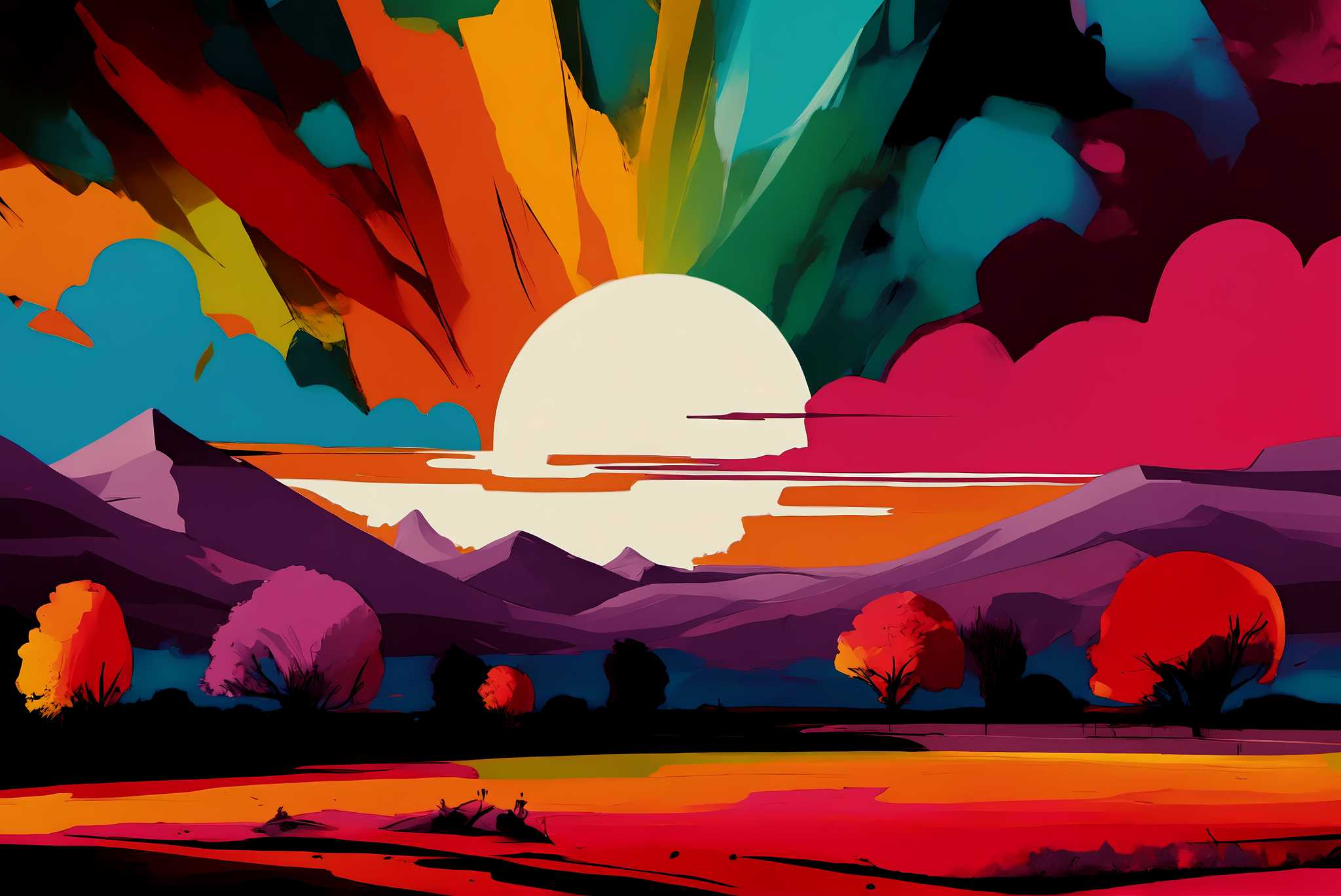 Aurora's embrace: Vibrant sunset art with artistic sunset photography, in a room with innovative layout, abstract paintings, and home furnishings. The art can be printed on poster, framed poster, canvas, metal, acrylic or wood, exclusively at WallArtZen. Find this exact print at https://wallartzen.com/waz87