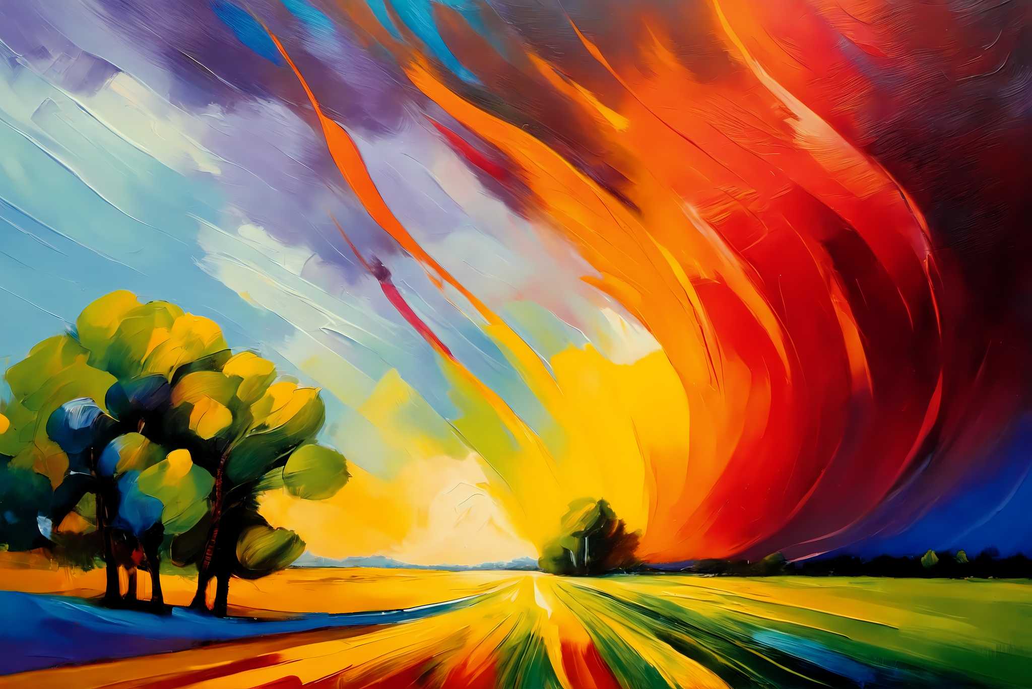 Sunset's embrace on whispering pines: Vibrant sunset art with vibrant sunset wall art, in a room with classic elegance, fine art prints, and home styling items. The art can be printed on poster, framed poster, canvas, metal, acrylic or wood, exclusively at WallArtZen. Find this exact print at https://wallartzen.com/waz88