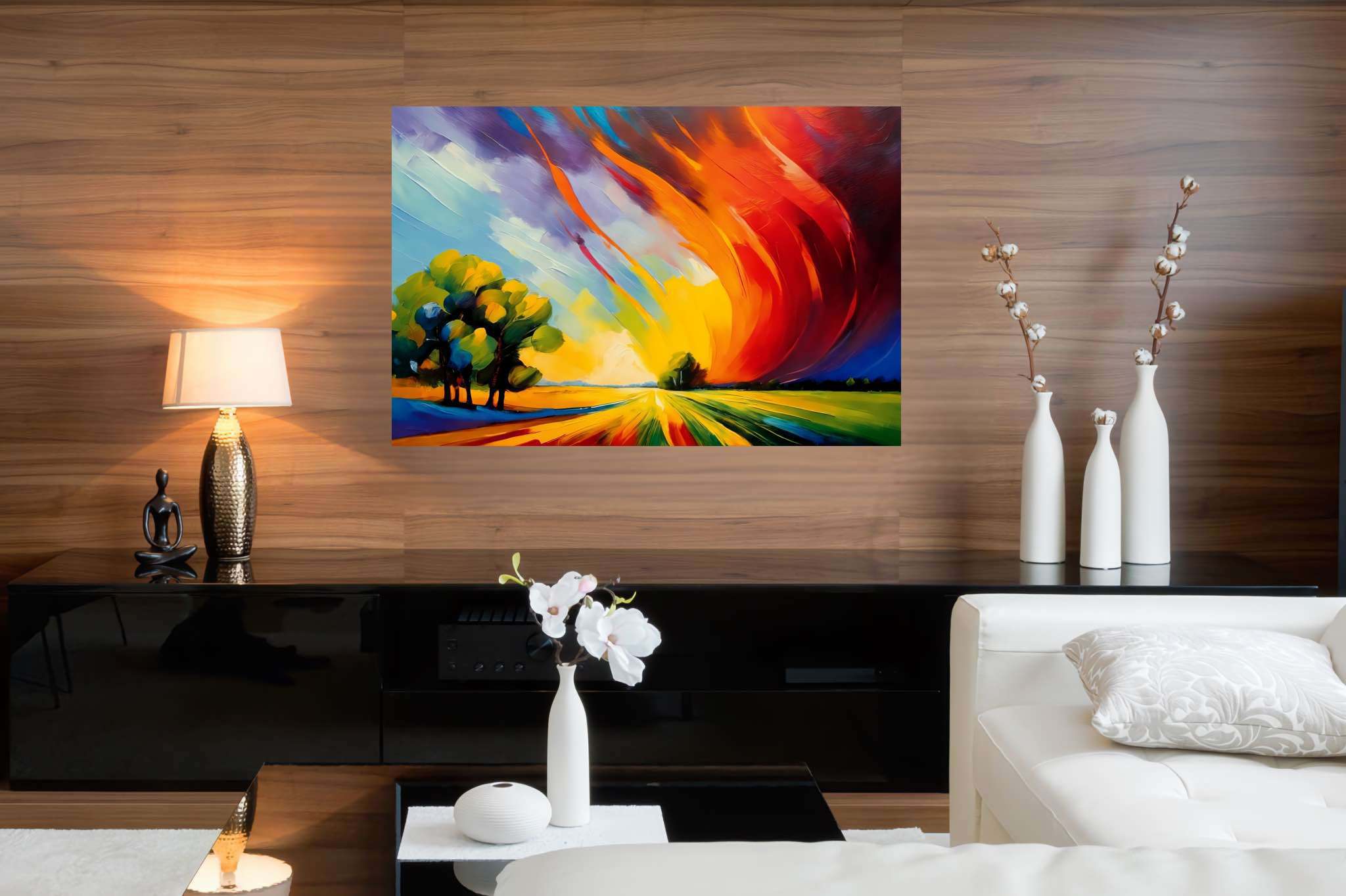 Sunset's embrace on whispering pines: Vibrant sunset art with vibrant sunset nature, in a room with chic decor, wall hangings, and interior decorations. The art can be printed on poster, framed poster, canvas, metal, acrylic or wood, exclusively at WallArtZen. Find this exact print at https://wallartzen.com/waz88