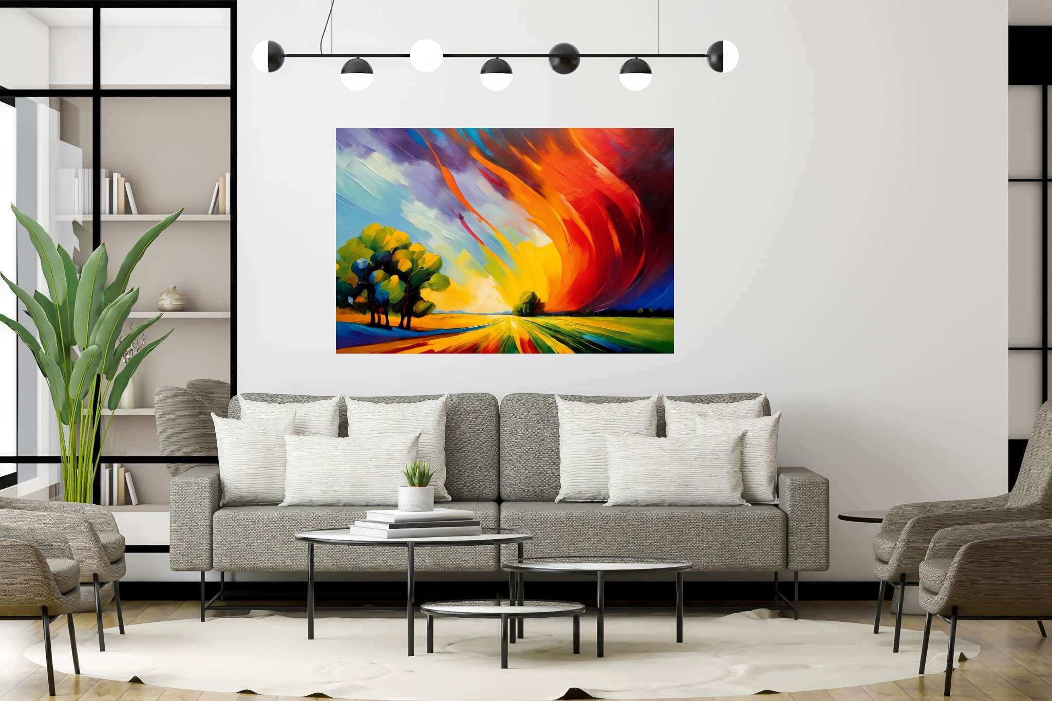 Sunset's embrace on whispering pines: Vibrant sunset art with radiant sunset landscape, in a room with urban design, framed art, and luxe decor. The art can be printed on poster, framed poster, canvas, metal, acrylic or wood, exclusively at WallArtZen. Find this exact print at https://wallartzen.com/waz88