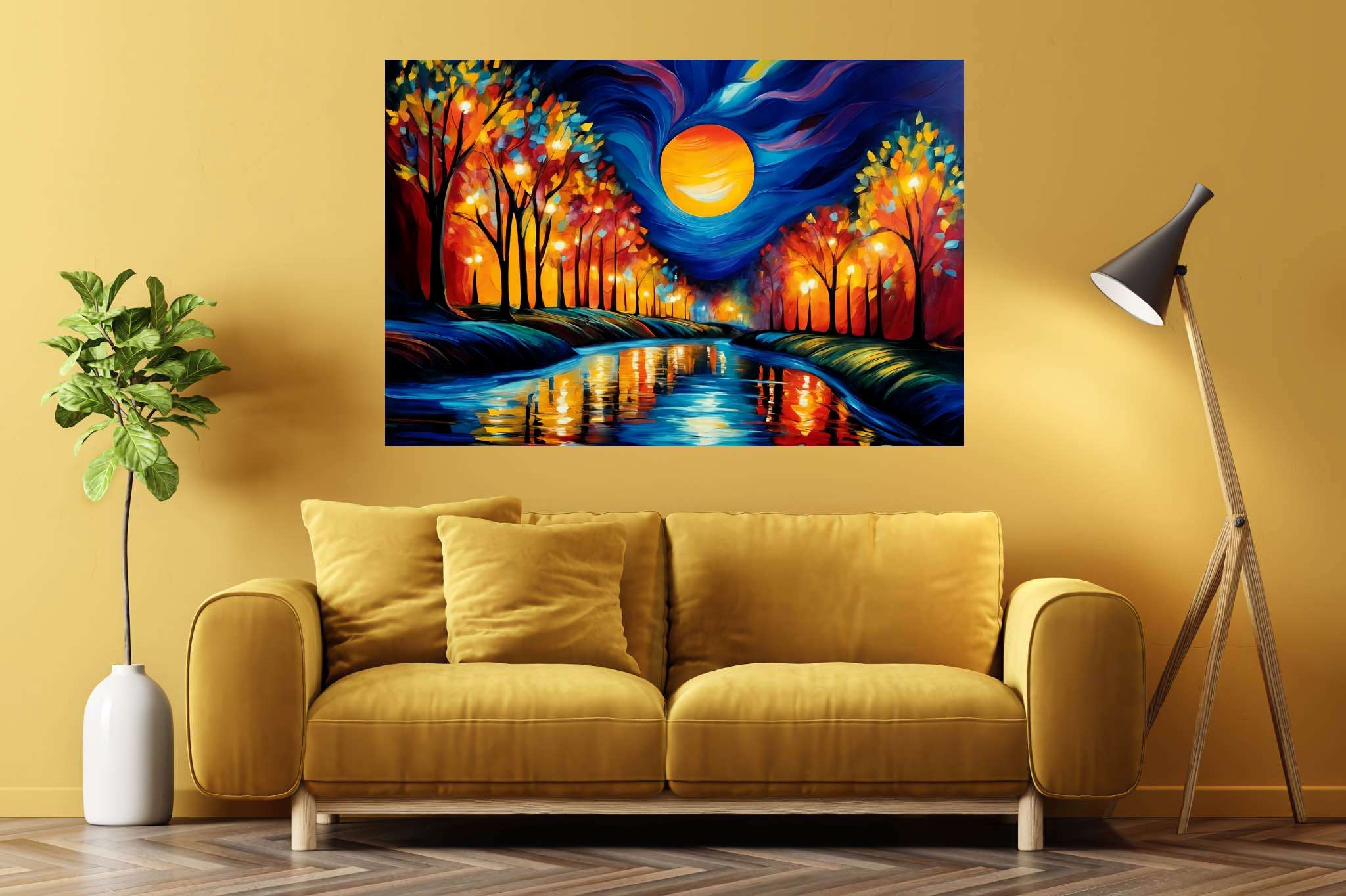 Autumn reverie reflections: Autumn forest art with autumn colors, in a room with classic elegance, canvas prints, and home furnishings. The art can be printed on poster, framed poster, canvas, metal, acrylic or wood, exclusively at WallArtZen. Find this exact print at https://wallartzen.com/waz8