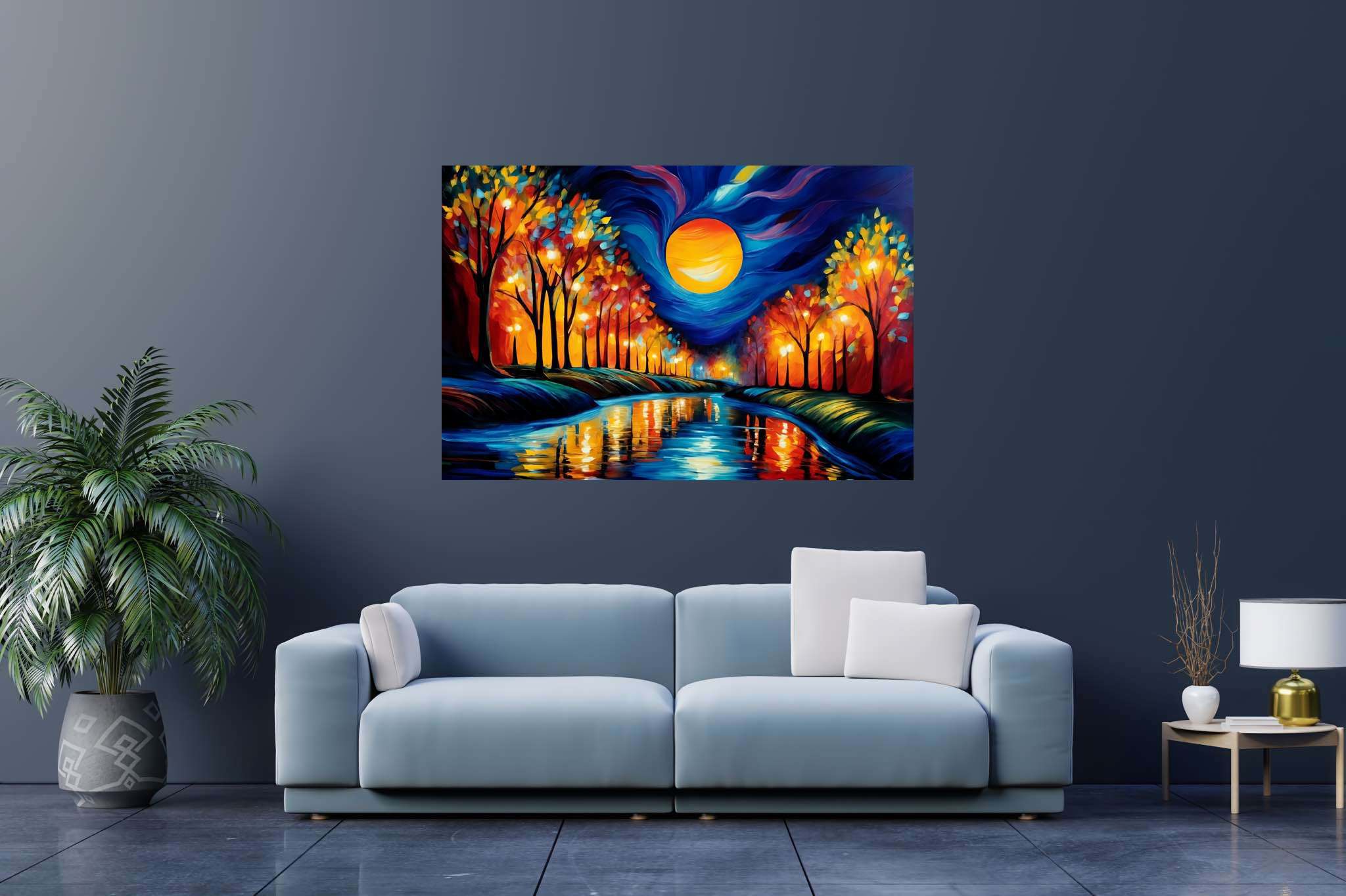 Autumn reverie reflections: Autumn forest art with wilderness art, in a room with artistic style, mural artworks, and elegant home goods. The art can be printed on poster, framed poster, canvas, metal, acrylic or wood, exclusively at WallArtZen. Find this exact print at https://wallartzen.com/waz8