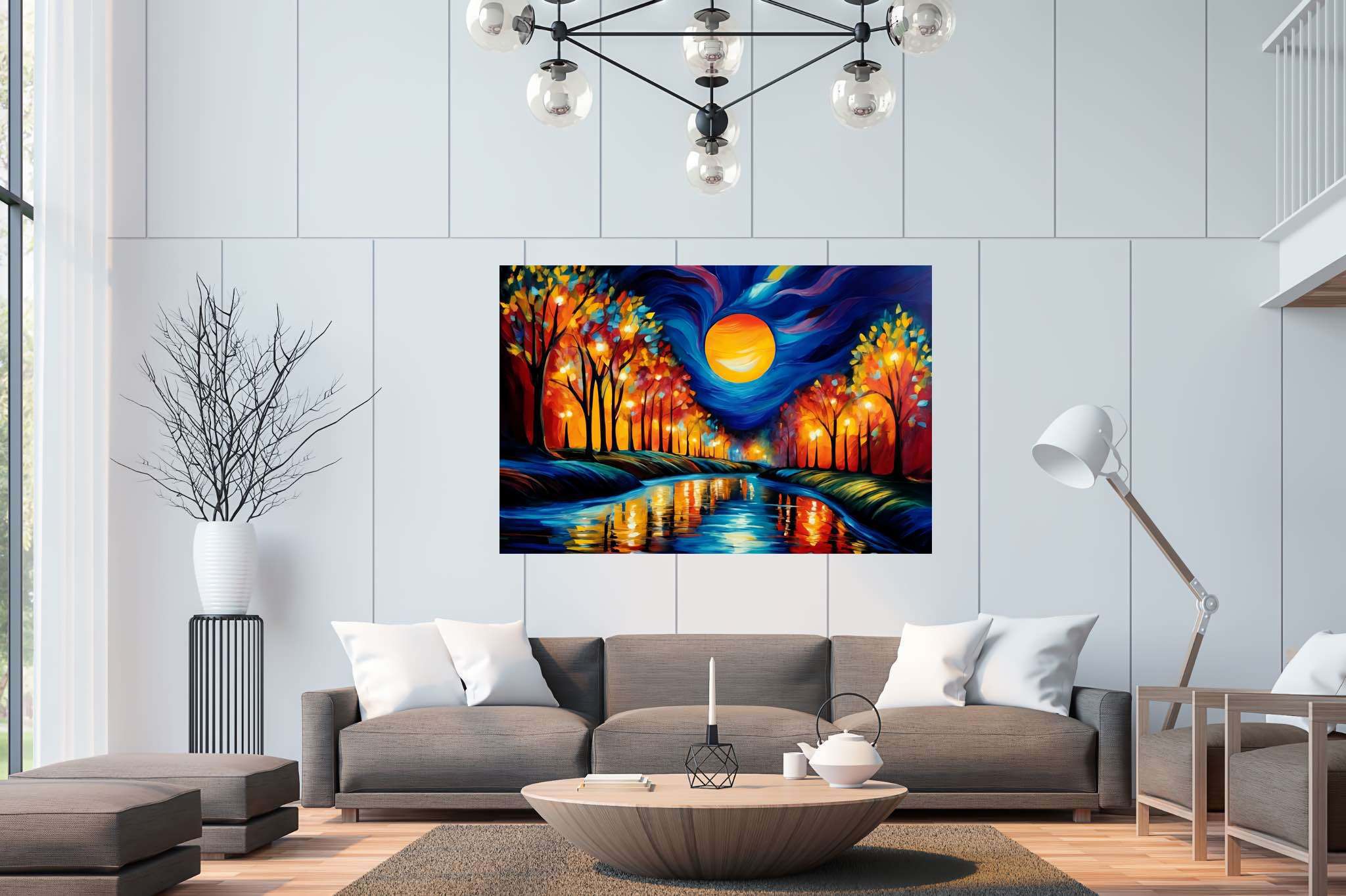 Autumn reverie reflections: Autumn forest art with seasonal art, in a room with contemporary flair, bespoke art designs, and trendy home accents. The art can be printed on poster, framed poster, canvas, metal, acrylic or wood, exclusively at WallArtZen. Find this exact print at https://wallartzen.com/waz8