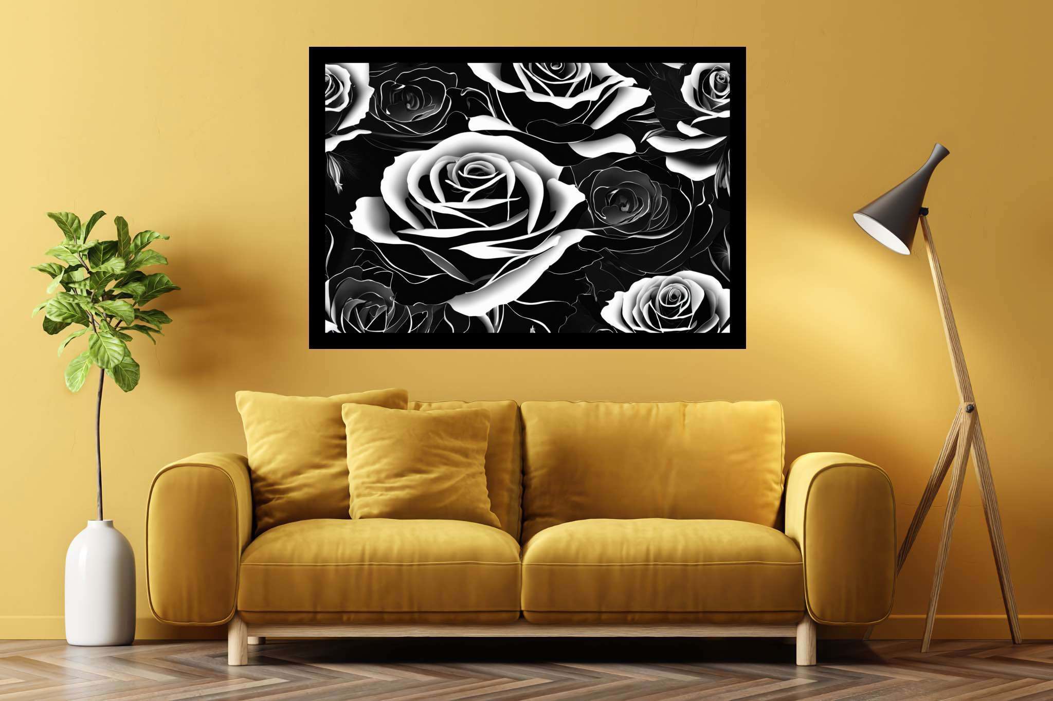Monochrome rose ballet: Rose art with elegant flower designs, in a room with classic elegance, bespoke art designs, and elegant home goods. The art can be printed on poster, framed poster, canvas, metal, acrylic or wood, exclusively at WallArtZen. Find this exact print at https://wallartzen.com/waz91