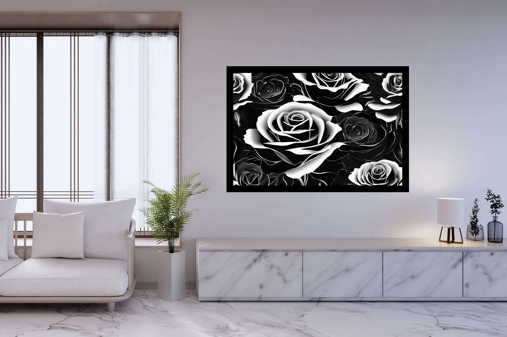 Monochrome rose ballet: Rose art with still life paintings, in a room with great design, digital art pieces, and home styling items. The art can be printed on poster, framed poster, canvas, metal, acrylic or wood, exclusively at WallArtZen. Find this exact print at https://wallartzen.com/waz91