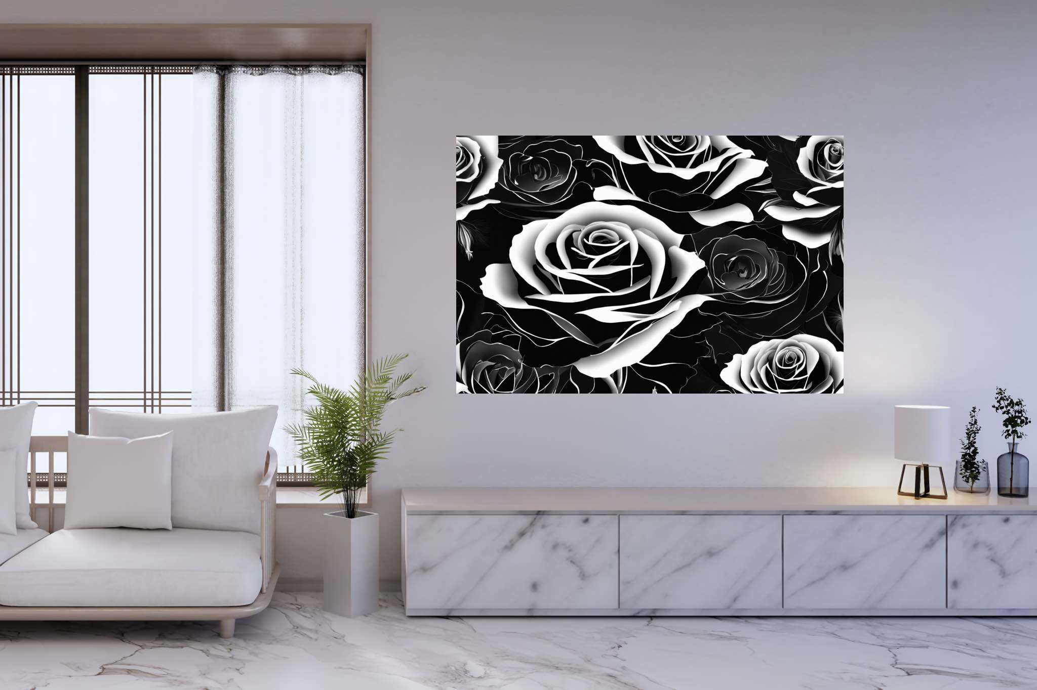 Monochrome rose ballet: Rose art with artistic representation of roses, in a room with chic decor, abstract paintings, and elegant home goods. The art can be printed on poster, framed poster, canvas, metal, acrylic or wood, exclusively at WallArtZen. Find this exact print at https://wallartzen.com/waz91