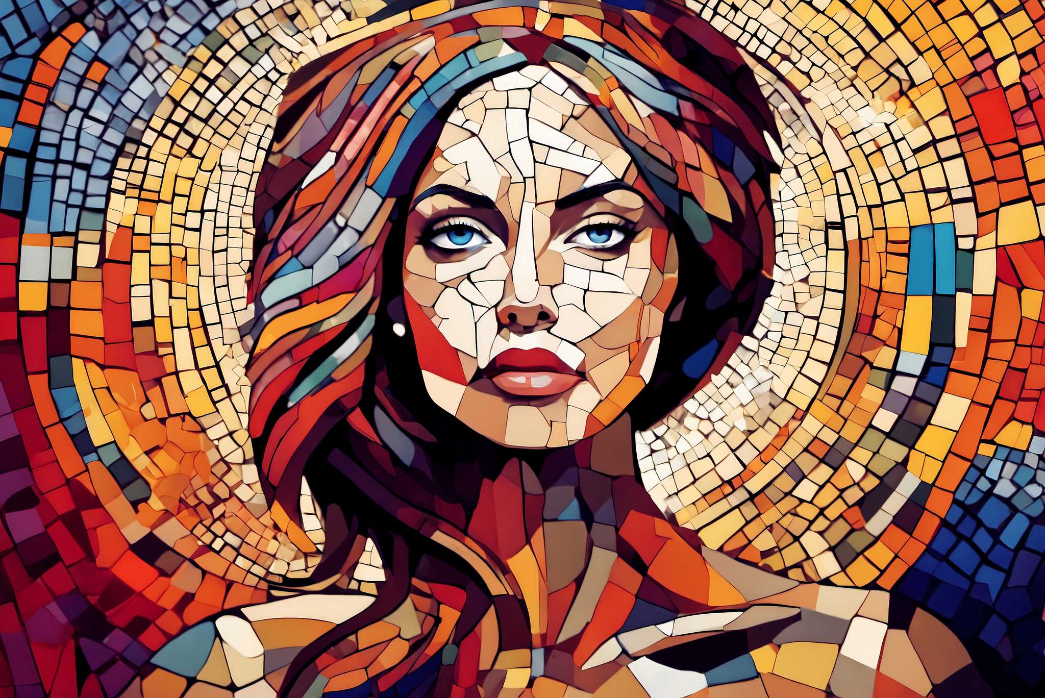 Chroma soul tapestry: Colorful portrait art with vibrant portrait paintings, in a room with modern style, mural artworks, and stylish accessories. The art can be printed on poster, framed poster, canvas, metal, acrylic or wood, exclusively at WallArtZen. Find this exact print at https://wallartzen.com/waz92