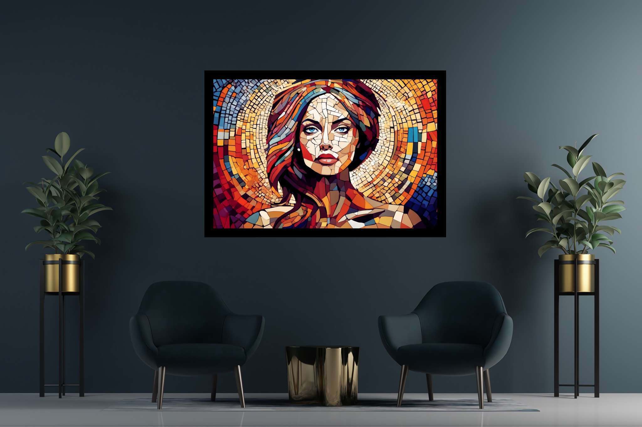 Chroma soul tapestry: Colorful portrait art with vibrant paintings, in a room with elegant layout, fine art prints, and interior decorations. The art can be printed on poster, framed poster, canvas, metal, acrylic or wood, exclusively at WallArtZen. Find this exact print at https://wallartzen.com/waz92