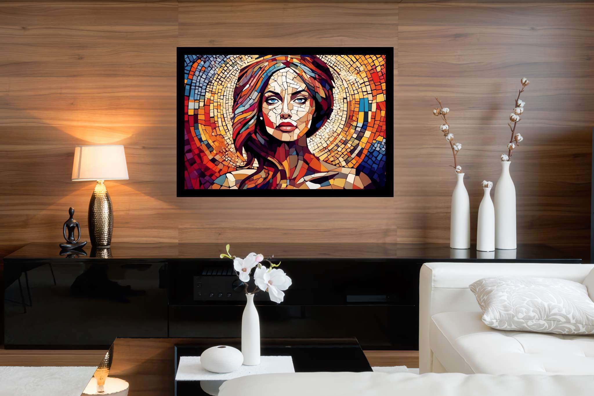 Chroma soul tapestry: Colorful portrait art with bold and colorful portraits, in a room with classic elegance, photographic wall art, and artisan decor. The art can be printed on poster, framed poster, canvas, metal, acrylic or wood, exclusively at WallArtZen. Find this exact print at https://wallartzen.com/waz92