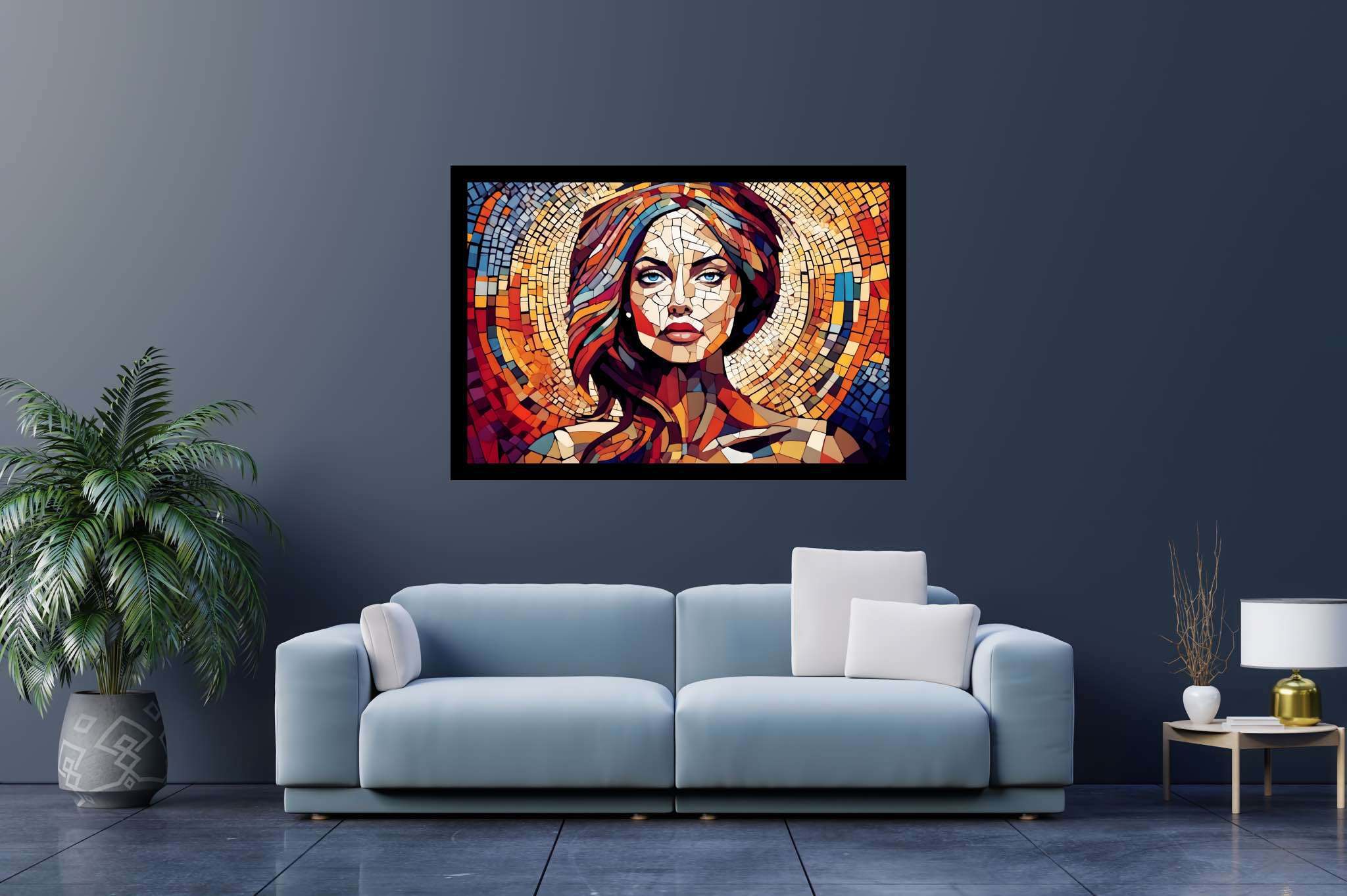 Chroma soul tapestry: Colorful portrait art with colorful artwork, in a room with chic decor, fine art prints, and trendy home accents. The art can be printed on poster, framed poster, canvas, metal, acrylic or wood, exclusively at WallArtZen. Find this exact print at https://wallartzen.com/waz92