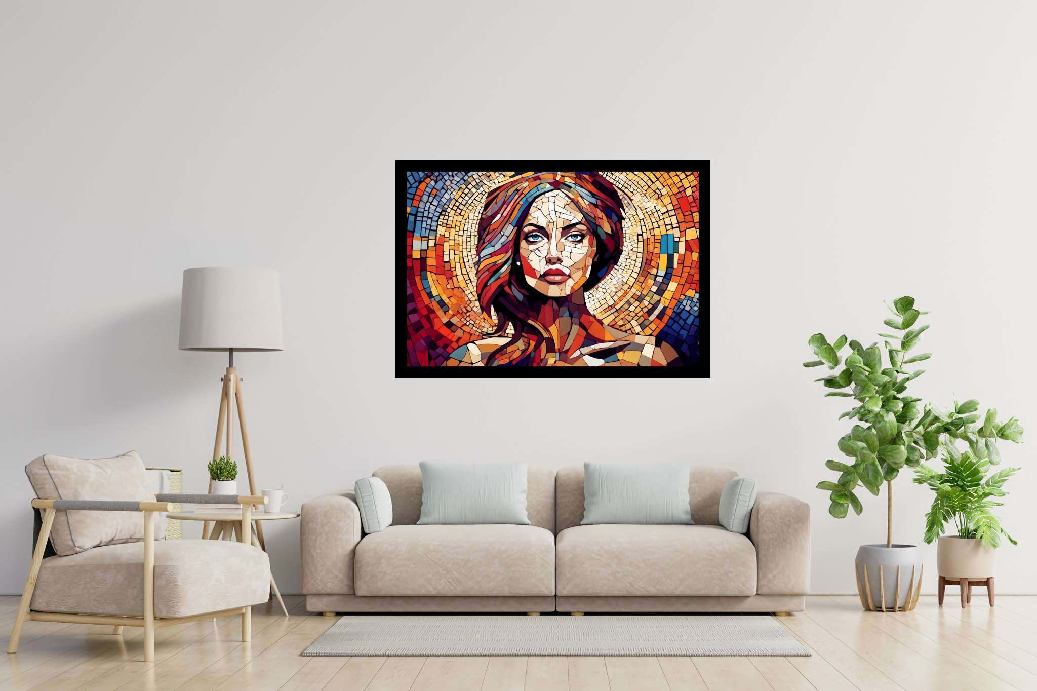 Chroma soul tapestry: Colorful portrait art with expressive portraits, in a room with minimalist approach, digital art pieces, and stylish accessories. The art can be printed on poster, framed poster, canvas, metal, acrylic or wood, exclusively at WallArtZen. Find this exact print at https://wallartzen.com/waz92