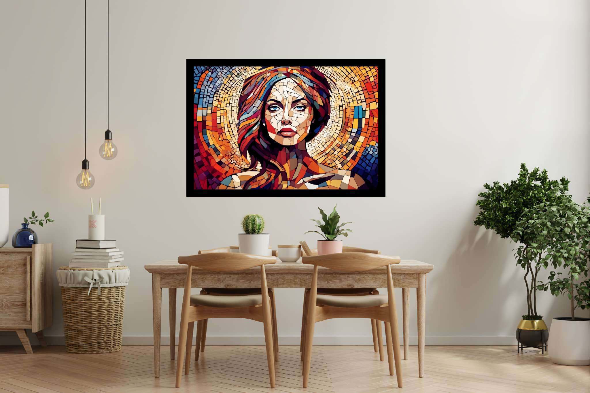 Chroma soul tapestry: Colorful portrait art with vibrant portrait artists, in a room with urban design, framed art, and artisan decor. The art can be printed on poster, framed poster, canvas, metal, acrylic or wood, exclusively at WallArtZen. Find this exact print at https://wallartzen.com/waz92