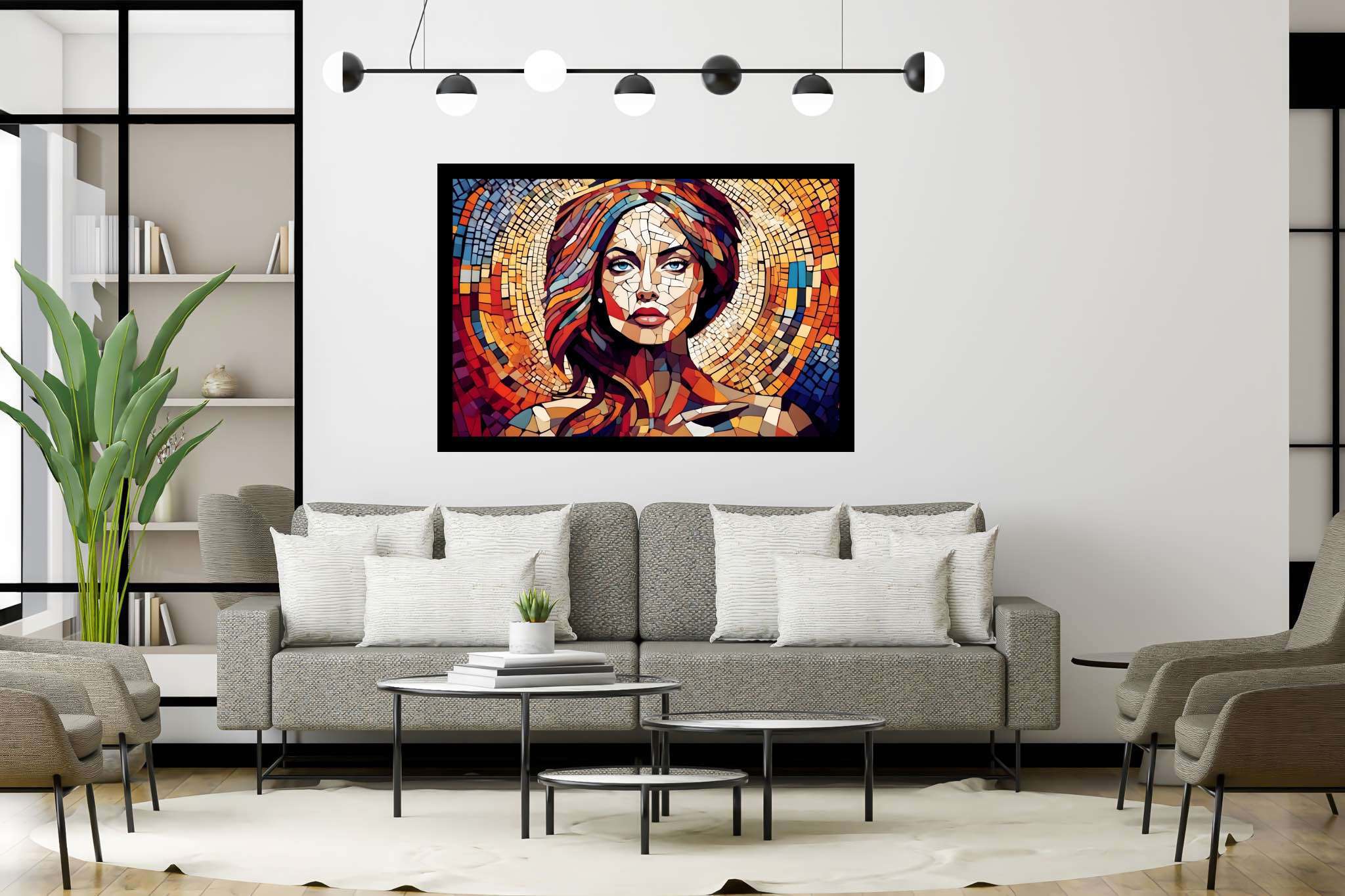 Chroma soul tapestry: Colorful portrait art with vibrant paintings, in a room with urban design, bespoke art designs, and interior decorations. The art can be printed on poster, framed poster, canvas, metal, acrylic or wood, exclusively at WallArtZen. Find this exact print at https://wallartzen.com/waz92