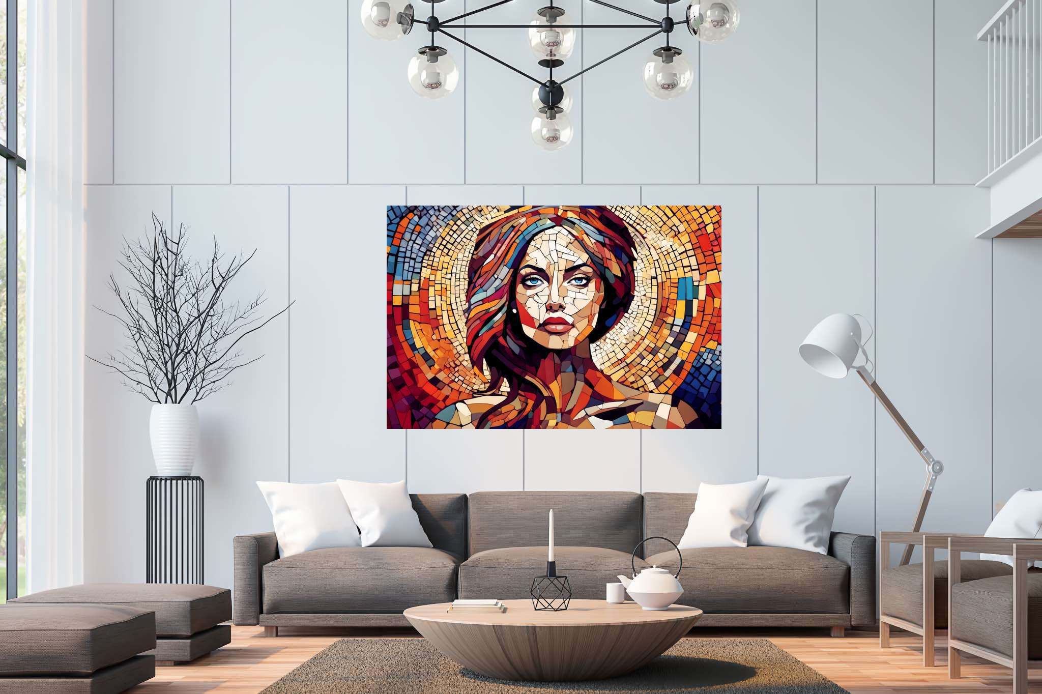 Chroma soul tapestry: Colorful portrait art with expressive portraits, in a room with classic elegance, bespoke art designs, and elegant home goods. The art can be printed on poster, framed poster, canvas, metal, acrylic or wood, exclusively at WallArtZen. Find this exact print at https://wallartzen.com/waz92