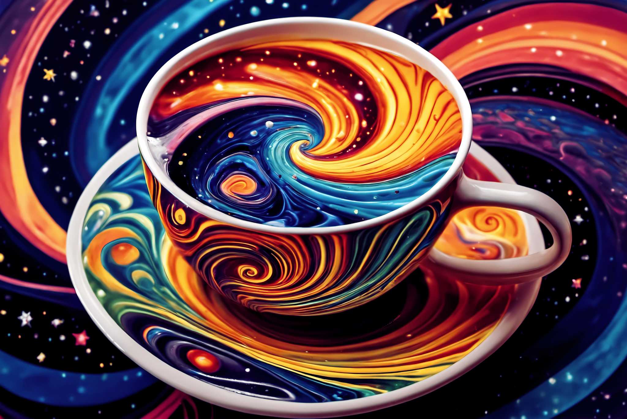Cosmic caffeine reverie: Surreal coffee cup art with extraordinary, in a room with classic elegance, mural artworks, and home styling items. The art can be printed on poster, framed poster, canvas, metal, acrylic or wood, exclusively at WallArtZen. Find this exact print at https://wallartzen.com/waz93