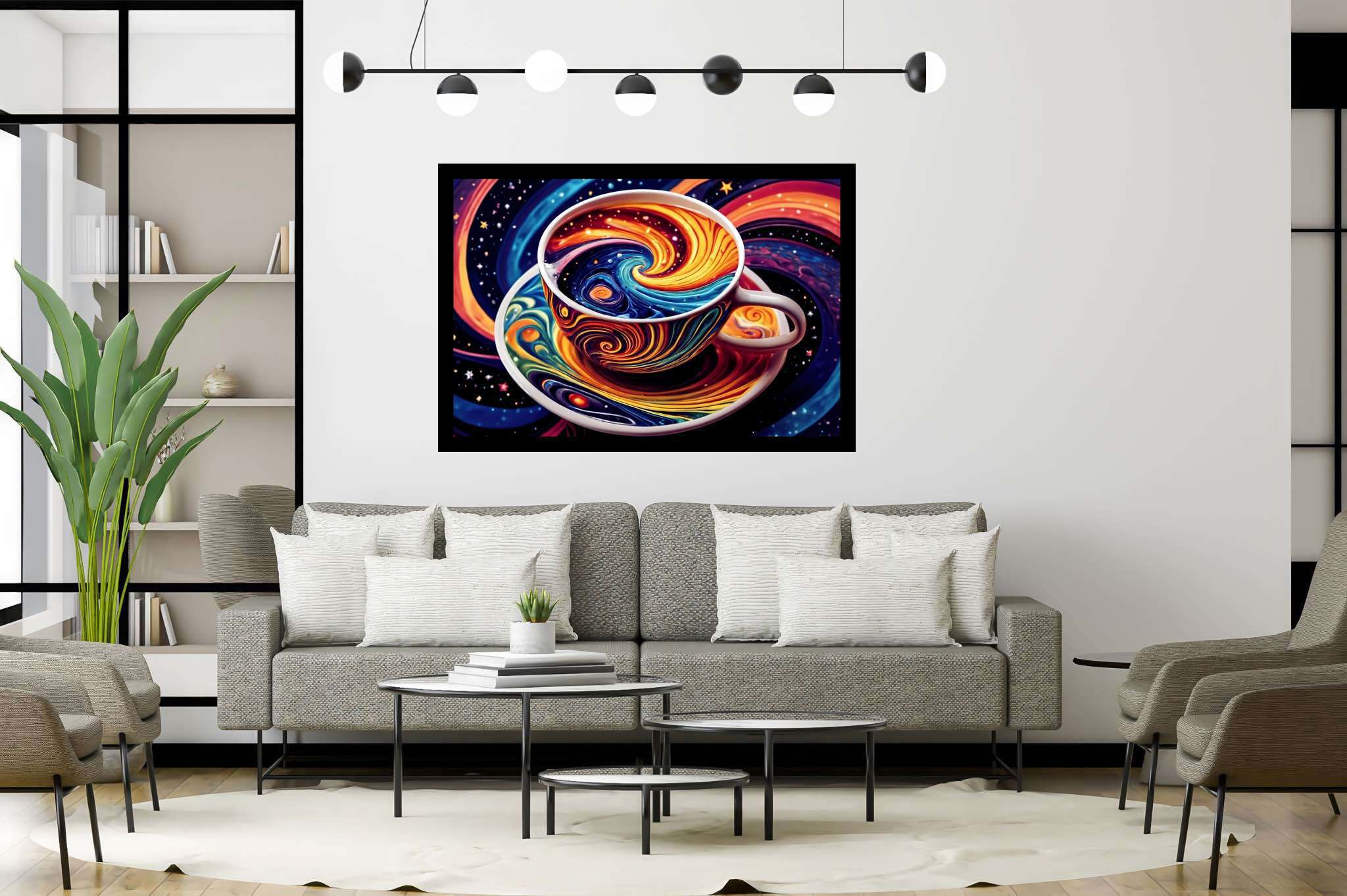 Cosmic caffeine reverie: Surreal coffee cup art with coffee art, in a room with urban design, wall hangings, and artisan decor. The art can be printed on poster, framed poster, canvas, metal, acrylic or wood, exclusively at WallArtZen. Find this exact print at https://wallartzen.com/waz93