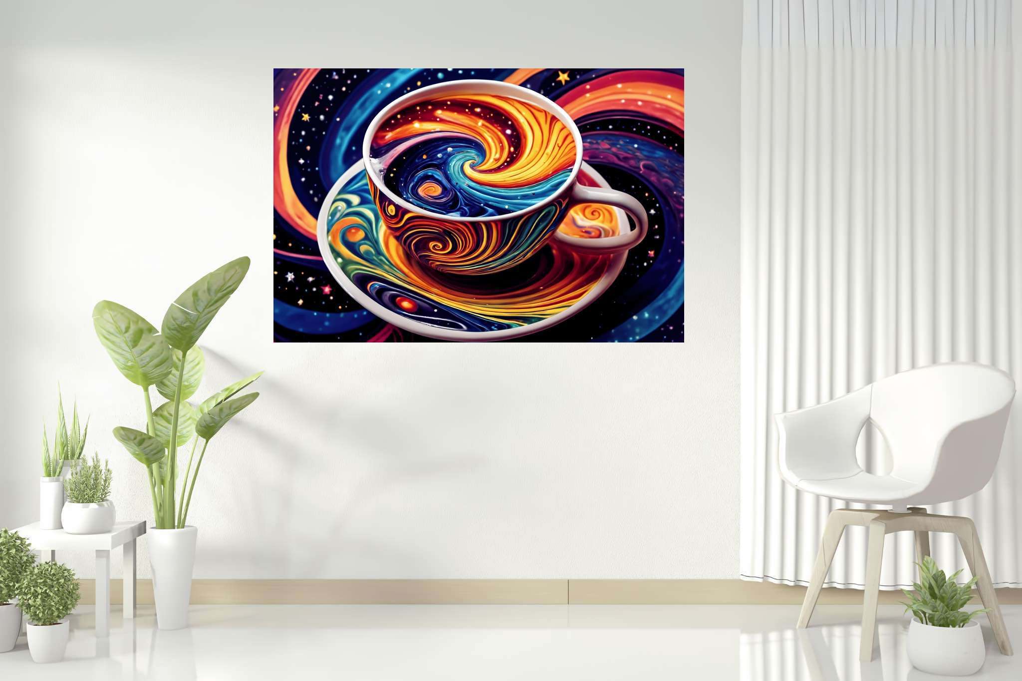 Cosmic caffeine reverie: Surreal coffee cup art with bizarre, in a room with great design, digital art pieces, and home styling items. The art can be printed on poster, framed poster, canvas, metal, acrylic or wood, exclusively at WallArtZen. Find this exact print at https://wallartzen.com/waz93
