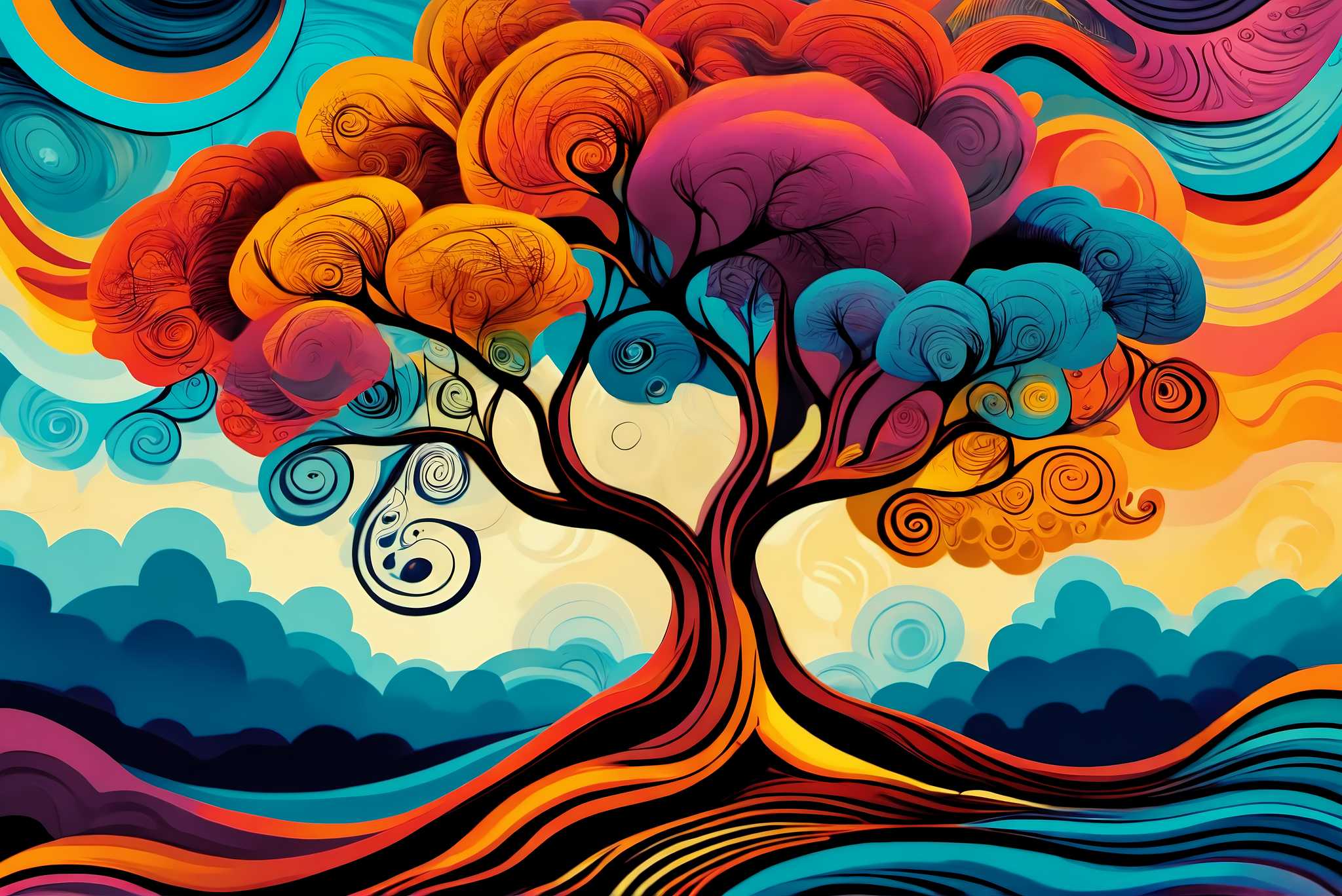 Chroma arboreal ballet: Whimsical tree art with whimsical tree art, in a room with classic elegance, wall hangings, and elegant home goods. The art can be printed on poster, framed poster, canvas, metal, acrylic or wood, exclusively at WallArtZen. Find this exact print at https://wallartzen.com/waz94