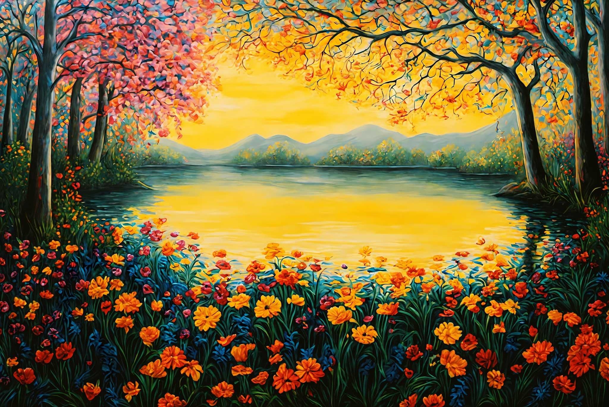 Sunset serenade in bloom: Serene scene art with peaceful landscape, in a room with classic elegance, digital art pieces, and decorative pieces. The art can be printed on poster, framed poster, canvas, metal, acrylic or wood, exclusively at WallArtZen. Find this exact print at https://wallartzen.com/waz95