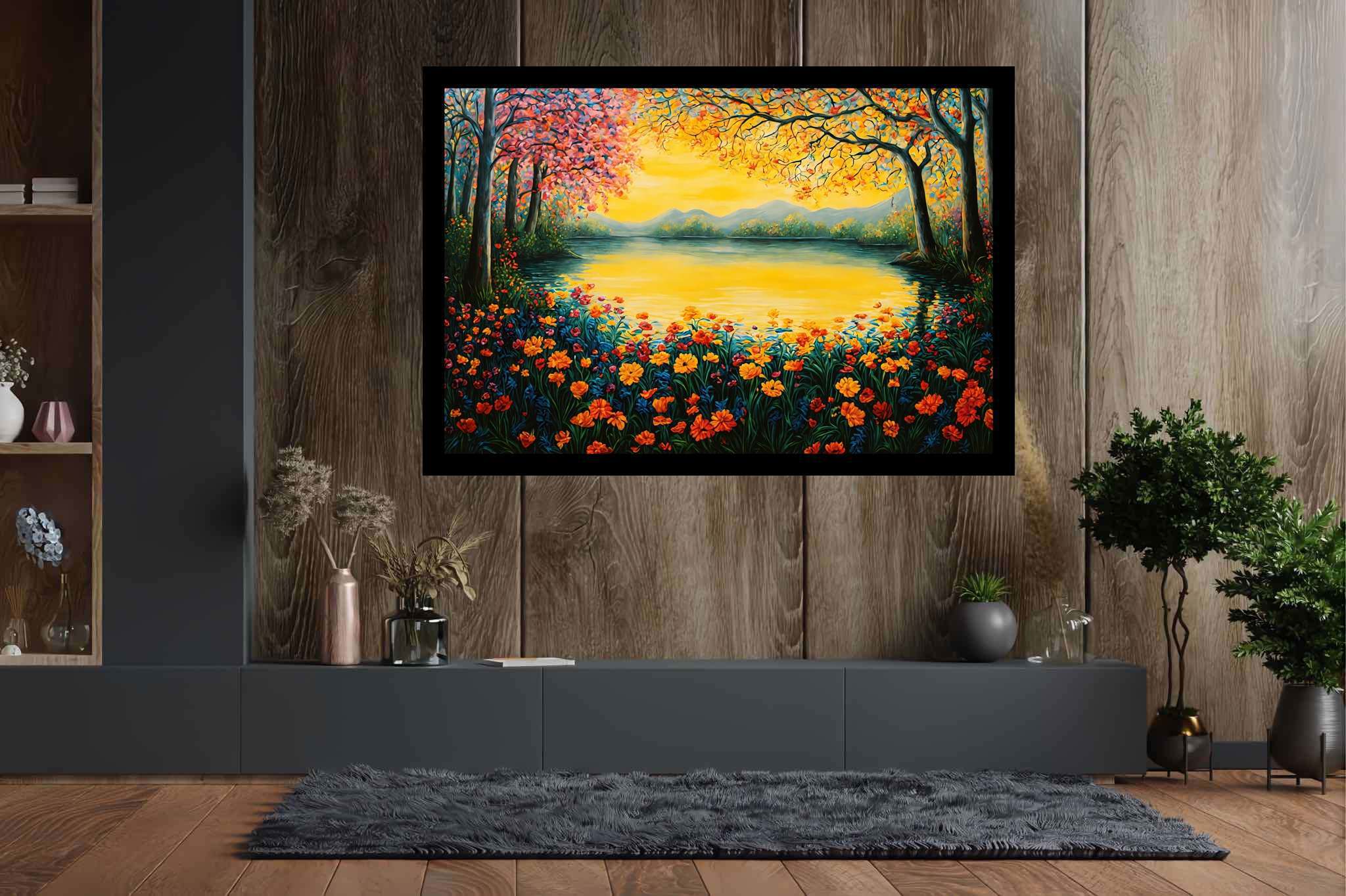 Sunset serenade in bloom: Serene scene art with serene artwork, in a room with contemporary flair, gallery-quality artwork, and artisan decor. The art can be printed on poster, framed poster, canvas, metal, acrylic or wood, exclusively at WallArtZen. Find this exact print at https://wallartzen.com/waz95