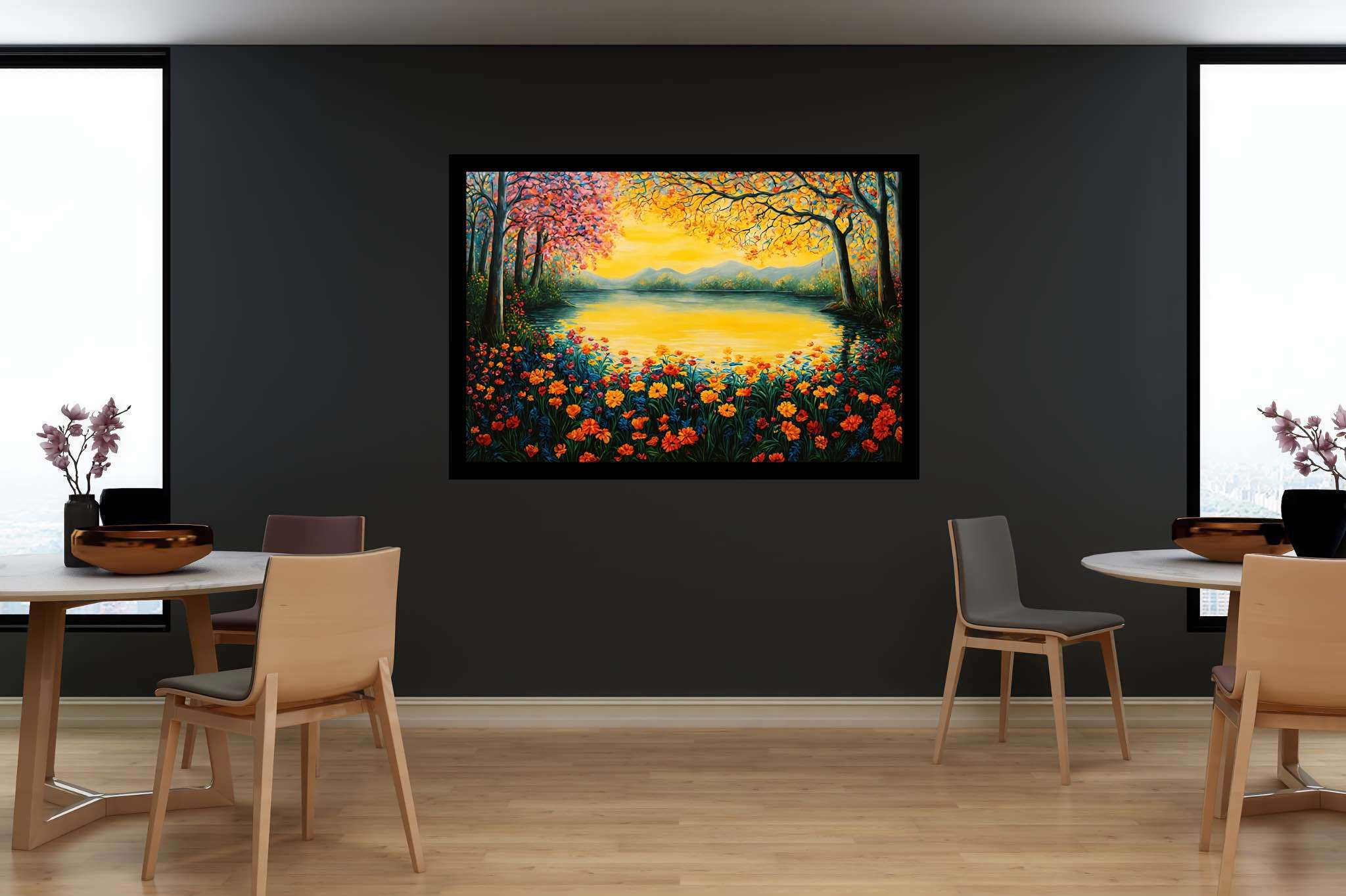 Sunset serenade in bloom: Serene scene art with serene landscape, in a room with classic elegance, digital art pieces, and interior decorations. The art can be printed on poster, framed poster, canvas, metal, acrylic or wood, exclusively at WallArtZen. Find this exact print at https://wallartzen.com/waz95