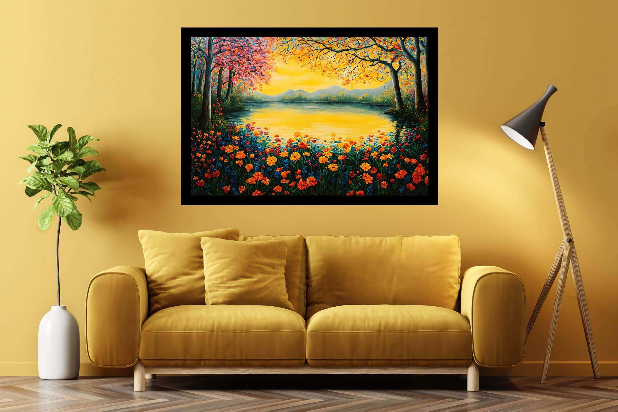 Sunset serenade in bloom: Serene scene art with tranquil painting, in a room with contemporary flair, digital art pieces, and interior decorations. The art can be printed on poster, framed poster, canvas, metal, acrylic or wood, exclusively at WallArtZen. Find this exact print at https://wallartzen.com/waz95