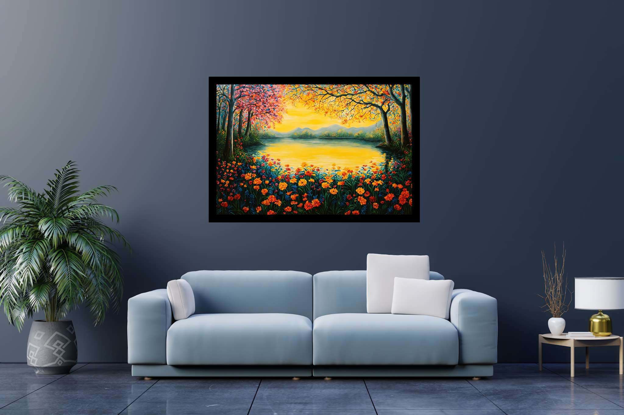 Sunset serenade in bloom: Serene scene art with calm scene, in a room with chic decor, gallery-quality artwork, and decorative pieces. The art can be printed on poster, framed poster, canvas, metal, acrylic or wood, exclusively at WallArtZen. Find this exact print at https://wallartzen.com/waz95