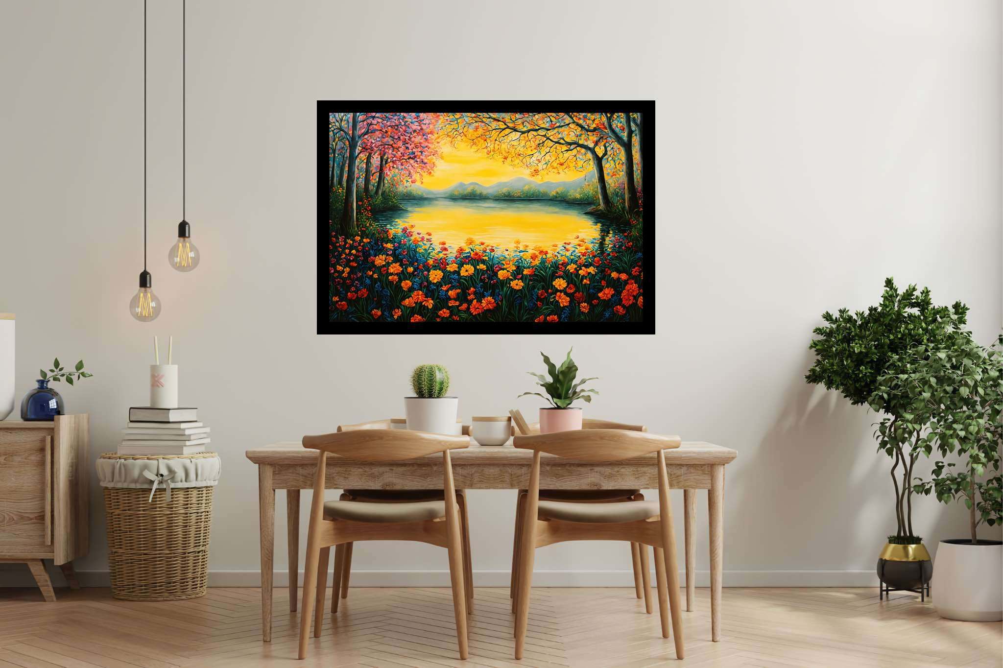 Sunset serenade in bloom: Serene scene art with calm scene, in a room with artistic style, wall hangings, and home styling items. The art can be printed on poster, framed poster, canvas, metal, acrylic or wood, exclusively at WallArtZen. Find this exact print at https://wallartzen.com/waz95