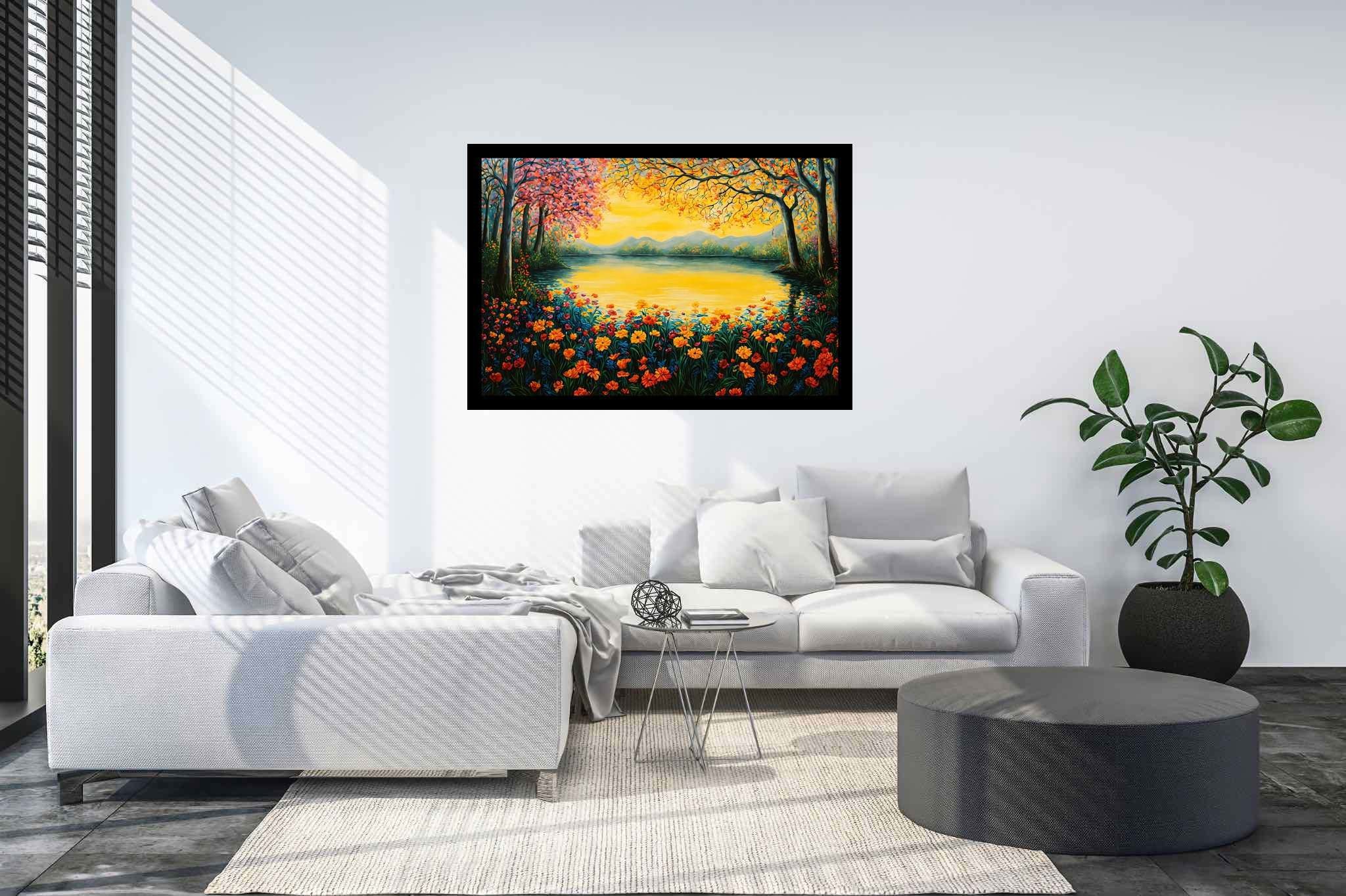Sunset serenade in bloom: Serene scene art with tranquil painting, in a room with chic decor, photographic wall art, and decorative pieces. The art can be printed on poster, framed poster, canvas, metal, acrylic or wood, exclusively at WallArtZen. Find this exact print at https://wallartzen.com/waz95