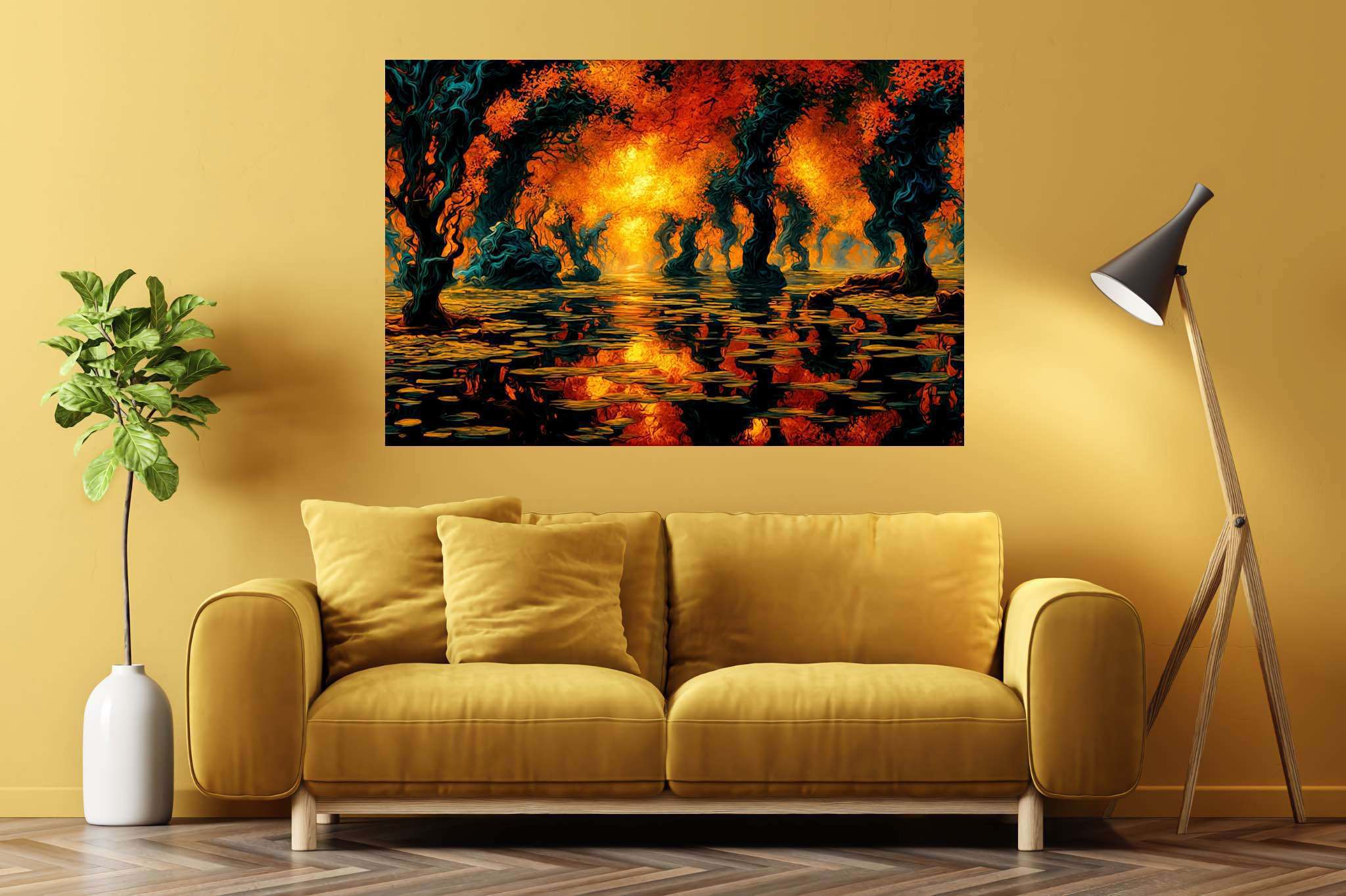 Aurora arboretum echoes: Ethereal landscape art with ethereal landscape art, in a room with innovative layout, abstract paintings, and artisan decor. The art can be printed on poster, framed poster, canvas, metal, acrylic or wood, exclusively at WallArtZen. Find this exact print at https://wallartzen.com/waz97