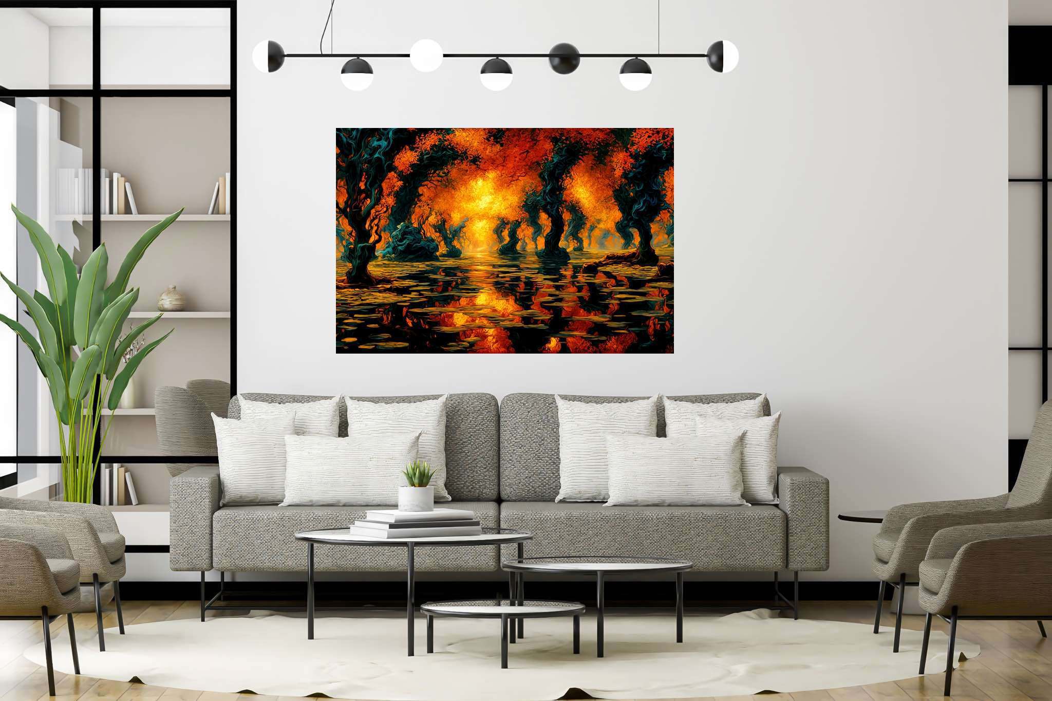 Aurora arboretum echoes: Ethereal landscape art with otherworldly landscapes, in a room with contemporary flair, abstract paintings, and luxe decor. The art can be printed on poster, framed poster, canvas, metal, acrylic or wood, exclusively at WallArtZen. Find this exact print at https://wallartzen.com/waz97