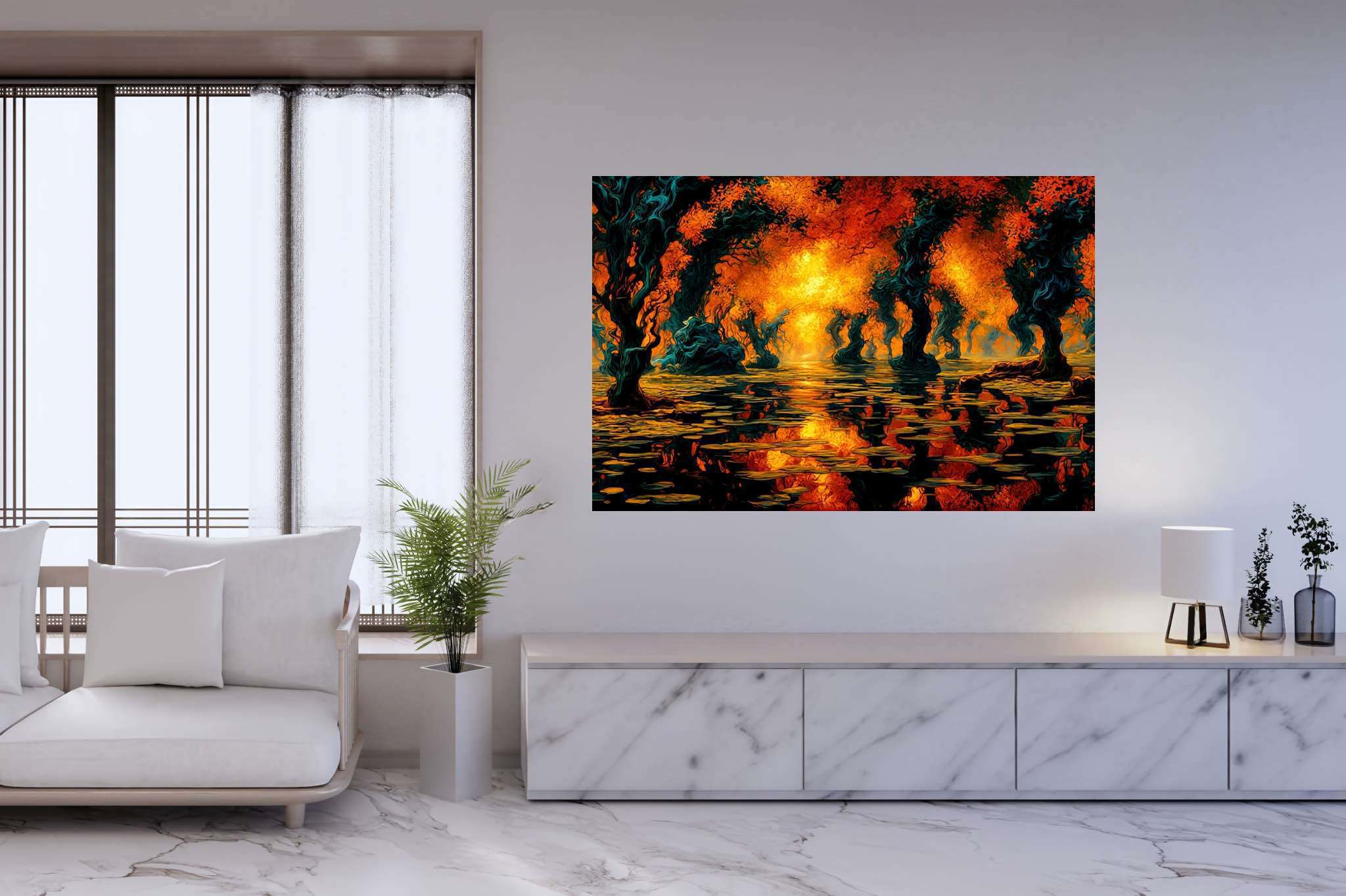 Aurora arboretum echoes: Ethereal landscape art with ethereal nature artwork, in a room with artistic style, photographic wall art, and artisan decor. The art can be printed on poster, framed poster, canvas, metal, acrylic or wood, exclusively at WallArtZen. Find this exact print at https://wallartzen.com/waz97