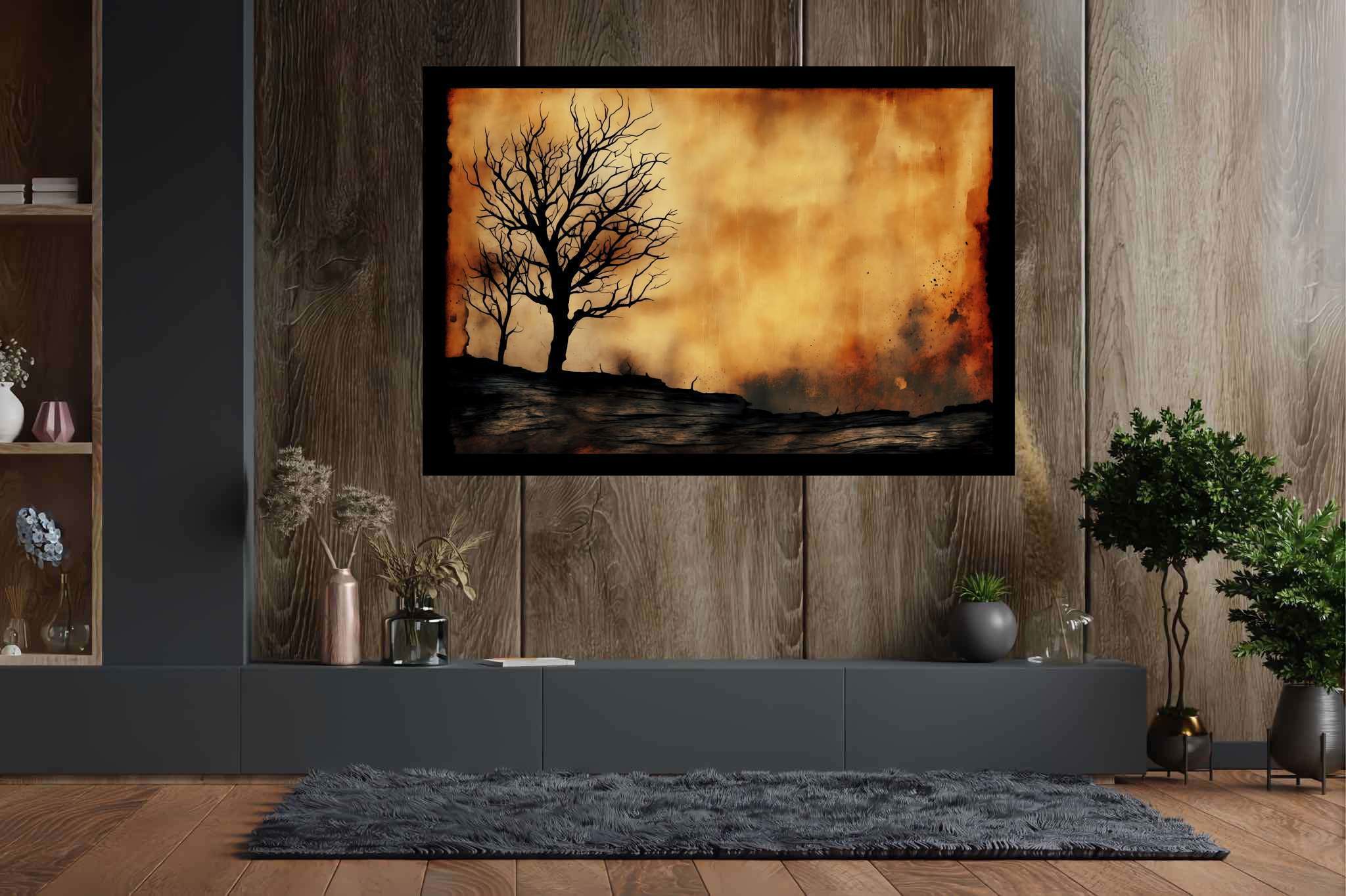 Solace in barren arms: Desolate landscape art with isolated landscapes, in a room with artistic style, mural artworks, and home styling items. The art can be printed on poster, framed poster, canvas, metal, acrylic or wood, exclusively at WallArtZen. Find this exact print at https://wallartzen.com/waz99
