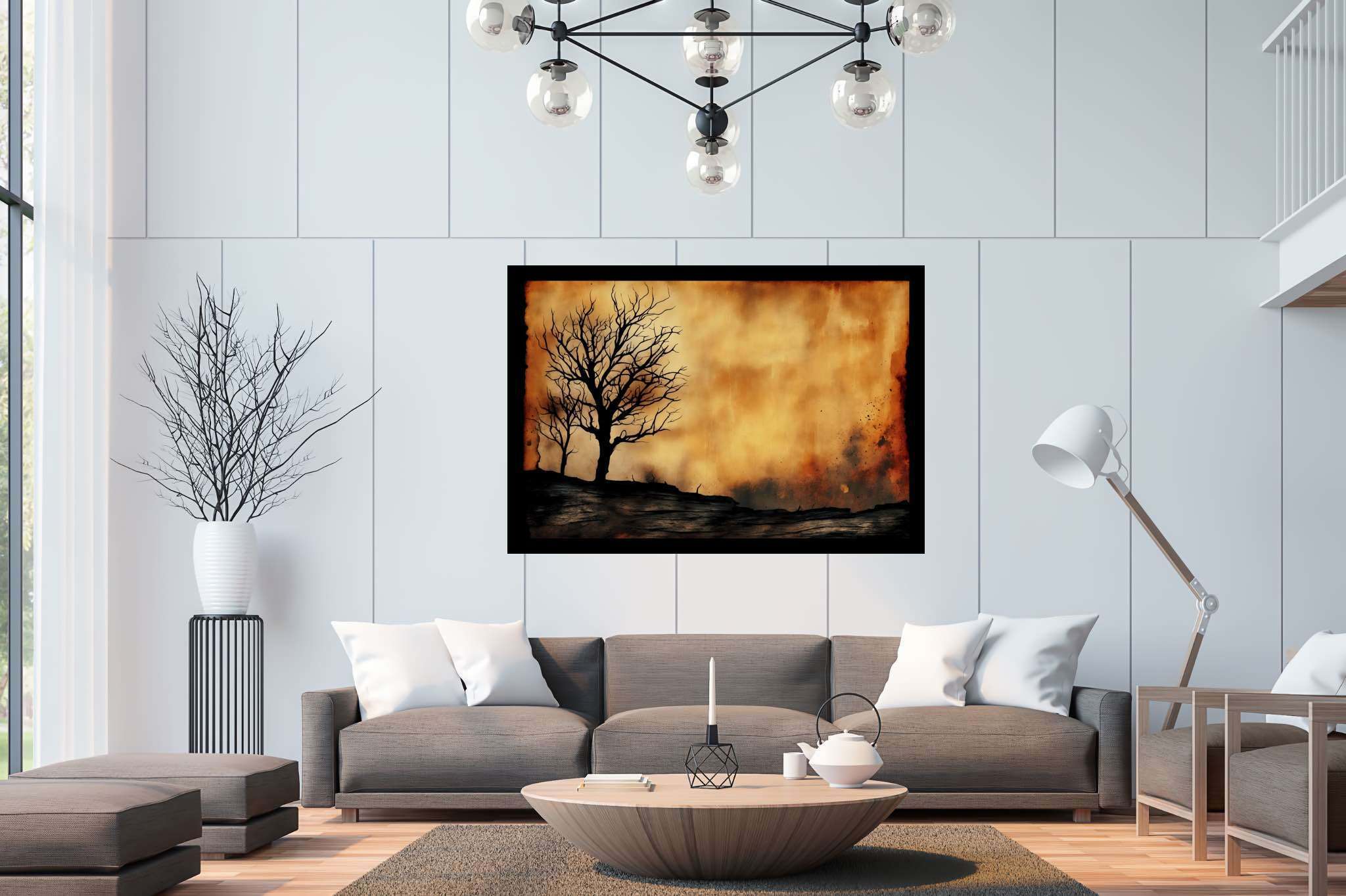 Solace in barren arms: Desolate landscape art with desolate nature paintings, in a room with minimalist approach, framed art, and artisan decor. The art can be printed on poster, framed poster, canvas, metal, acrylic or wood, exclusively at WallArtZen. Find this exact print at https://wallartzen.com/waz99