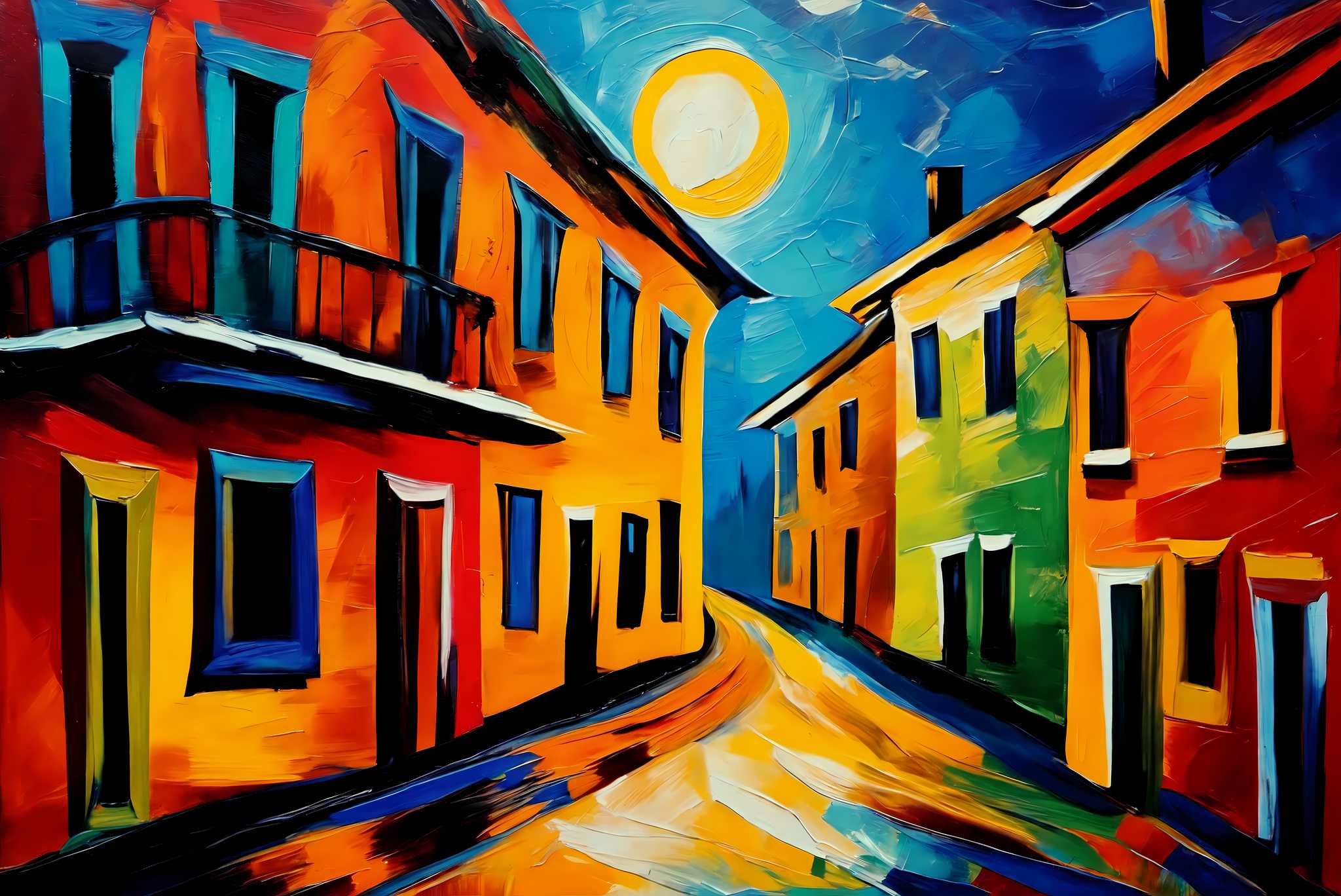 Moonlit serenade in chroma: Cityscape art with modern cityscape art, in a room with contemporary flair, canvas prints, and trendy home accents. The art can be printed on poster, framed poster, canvas, metal, acrylic or wood, exclusively at WallArtZen. Find this exact print at https://wallartzen.com/waz9