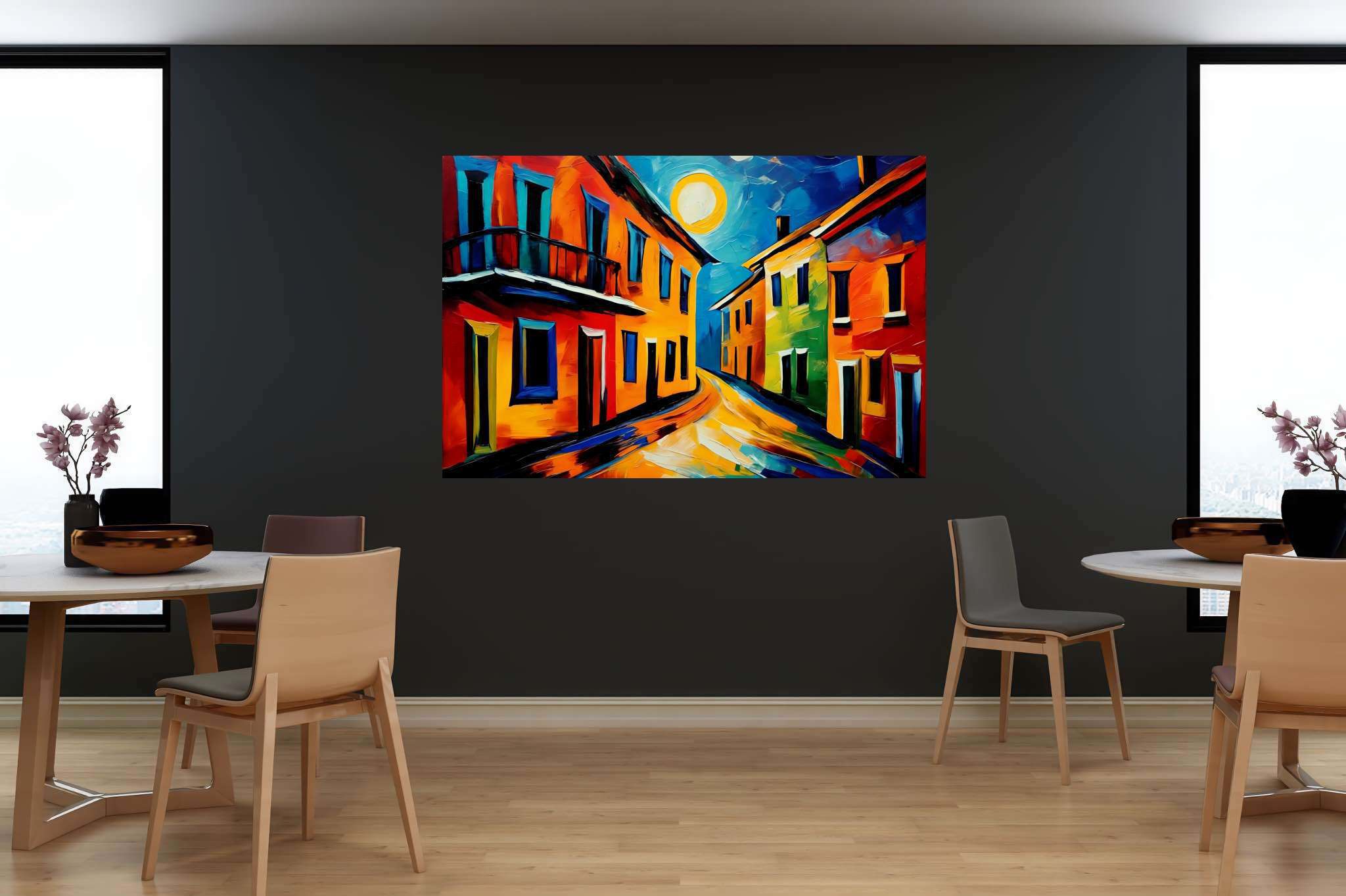 Moonlit serenade in chroma: Cityscape art with urban art, in a room with modern style, mural artworks, and home furnishings. The art can be printed on poster, framed poster, canvas, metal, acrylic or wood, exclusively at WallArtZen. Find this exact print at https://wallartzen.com/waz9