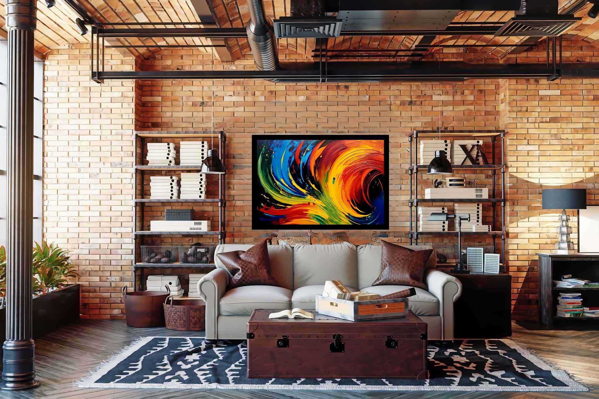 Chromatic rhapsody: Swirls art with captivating textures, in a room with innovative layout, bespoke art designs, and luxe decor. The art can be printed on poster, framed poster, canvas, metal, acrylic or wood, exclusively at WallArtZen. Find this exact print at https://wallartzen.com/waz101