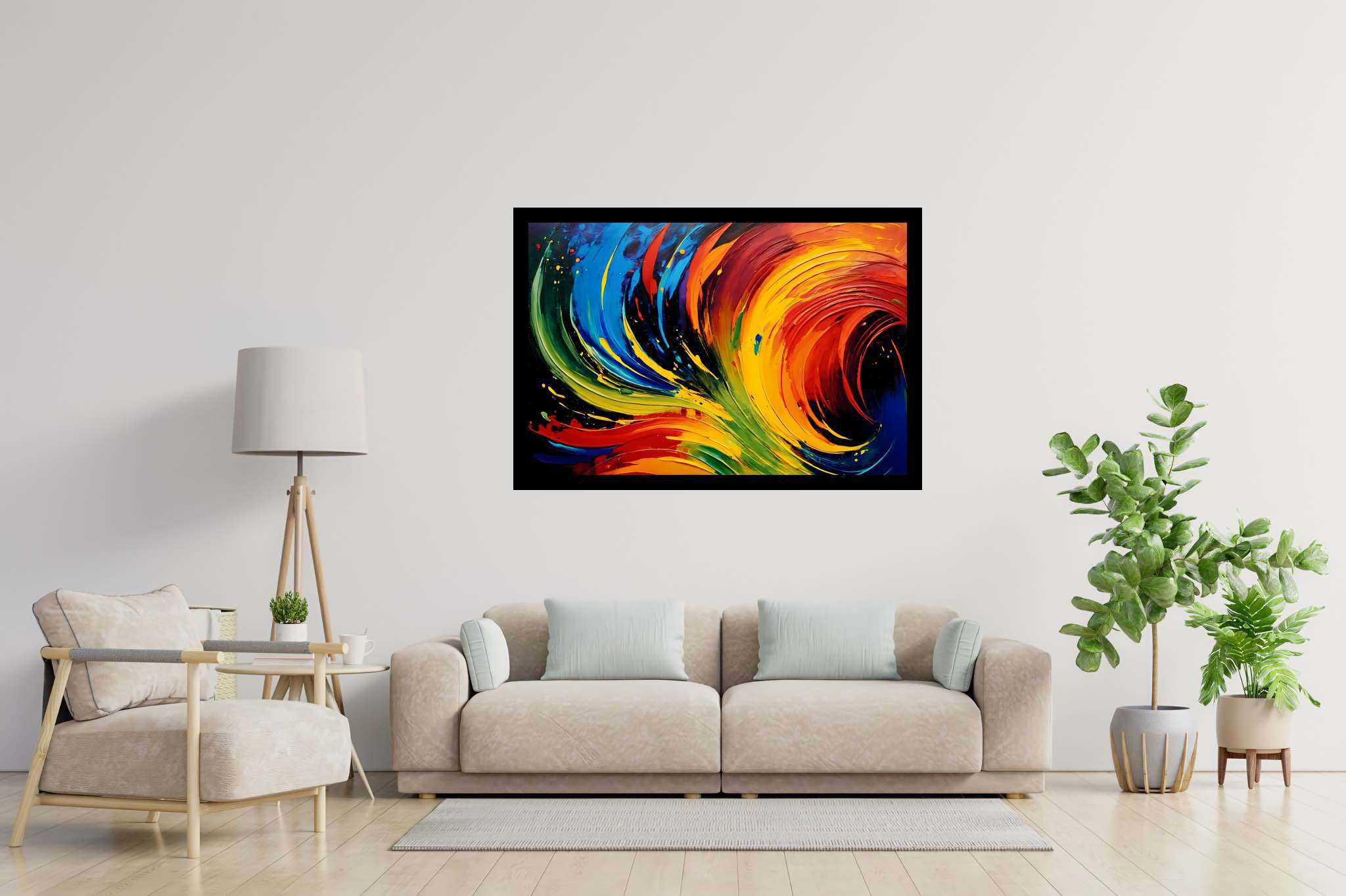 Chromatic rhapsody: Swirls art with visual movement, in a room with great design, photographic wall art, and artisan decor. The art can be printed on poster, framed poster, canvas, metal, acrylic or wood, exclusively at WallArtZen. Find this exact print at https://wallartzen.com/waz101