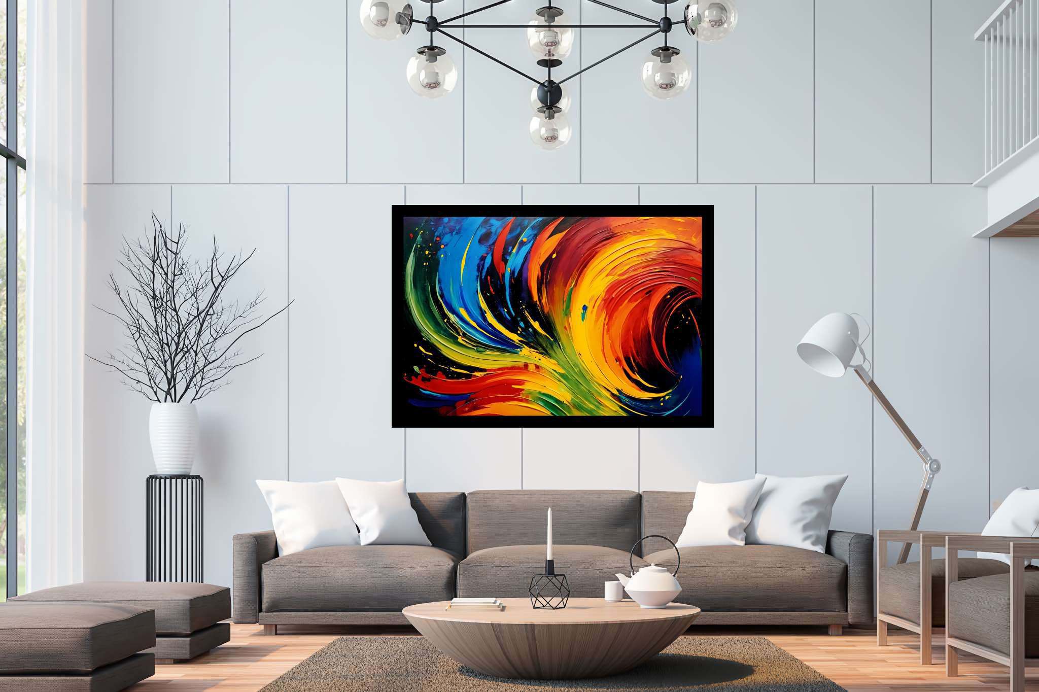 Chromatic rhapsody: Swirls art with energetic images, in a room with minimalist approach, gallery-quality artwork, and interior decorations. The art can be printed on poster, framed poster, canvas, metal, acrylic or wood, exclusively at WallArtZen. Find this exact print at https://wallartzen.com/waz101