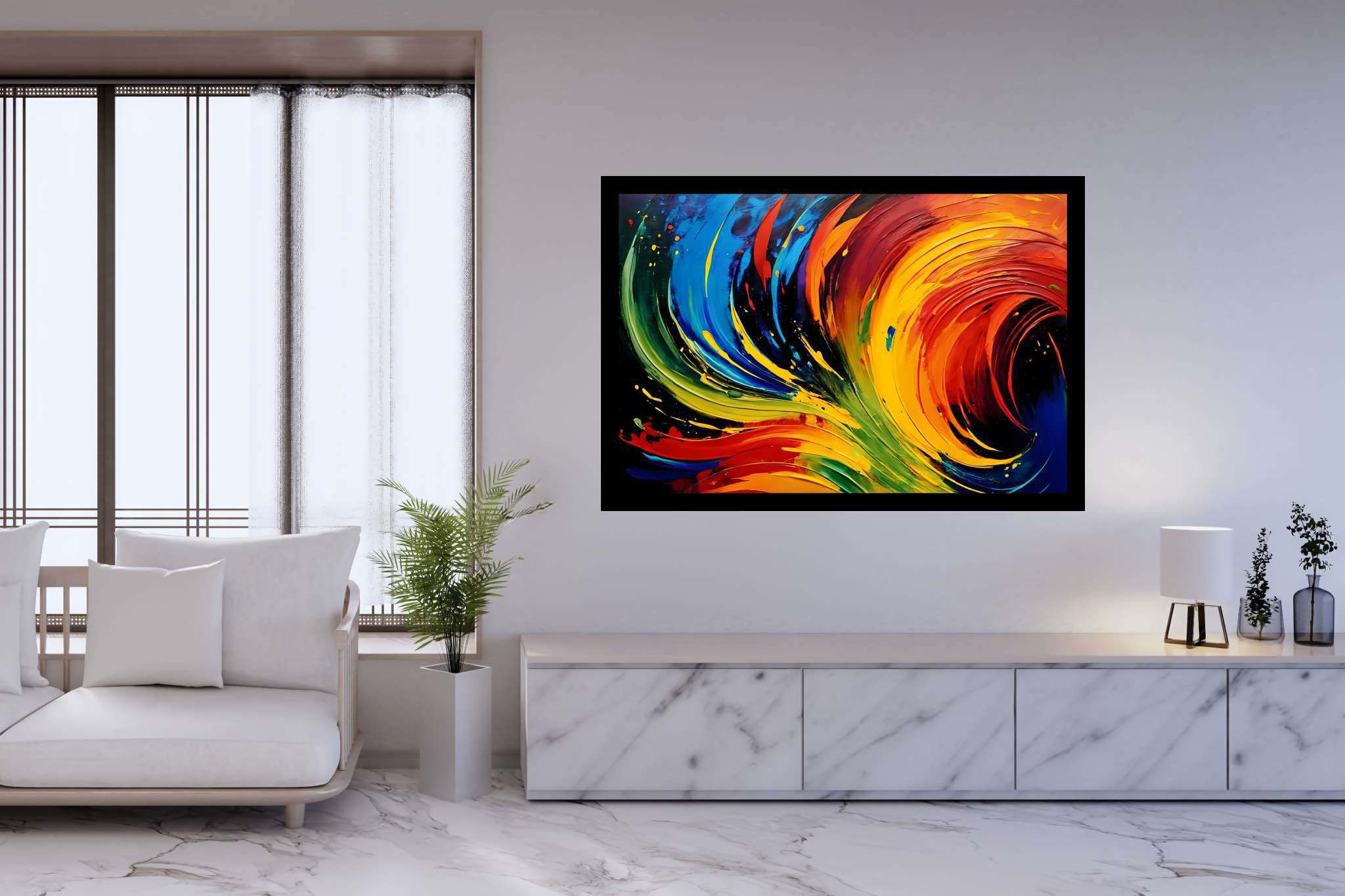 Chromatic rhapsody: Swirls art with abstract paintings, in a room with great design, digital art pieces, and home furnishings. The art can be printed on poster, framed poster, canvas, metal, acrylic or wood, exclusively at WallArtZen. Find this exact print at https://wallartzen.com/waz101