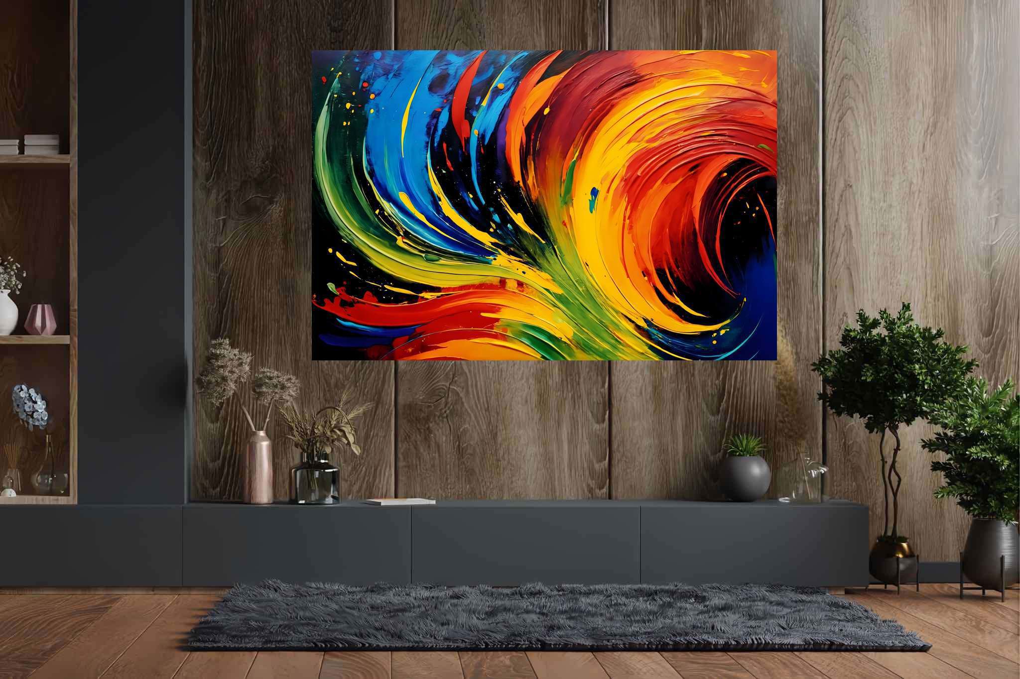Chromatic rhapsody: Swirls art with swirls art, in a room with classic elegance, mural artworks, and trendy home accents. The art can be printed on poster, framed poster, canvas, metal, acrylic or wood, exclusively at WallArtZen. Find this exact print at https://wallartzen.com/waz101