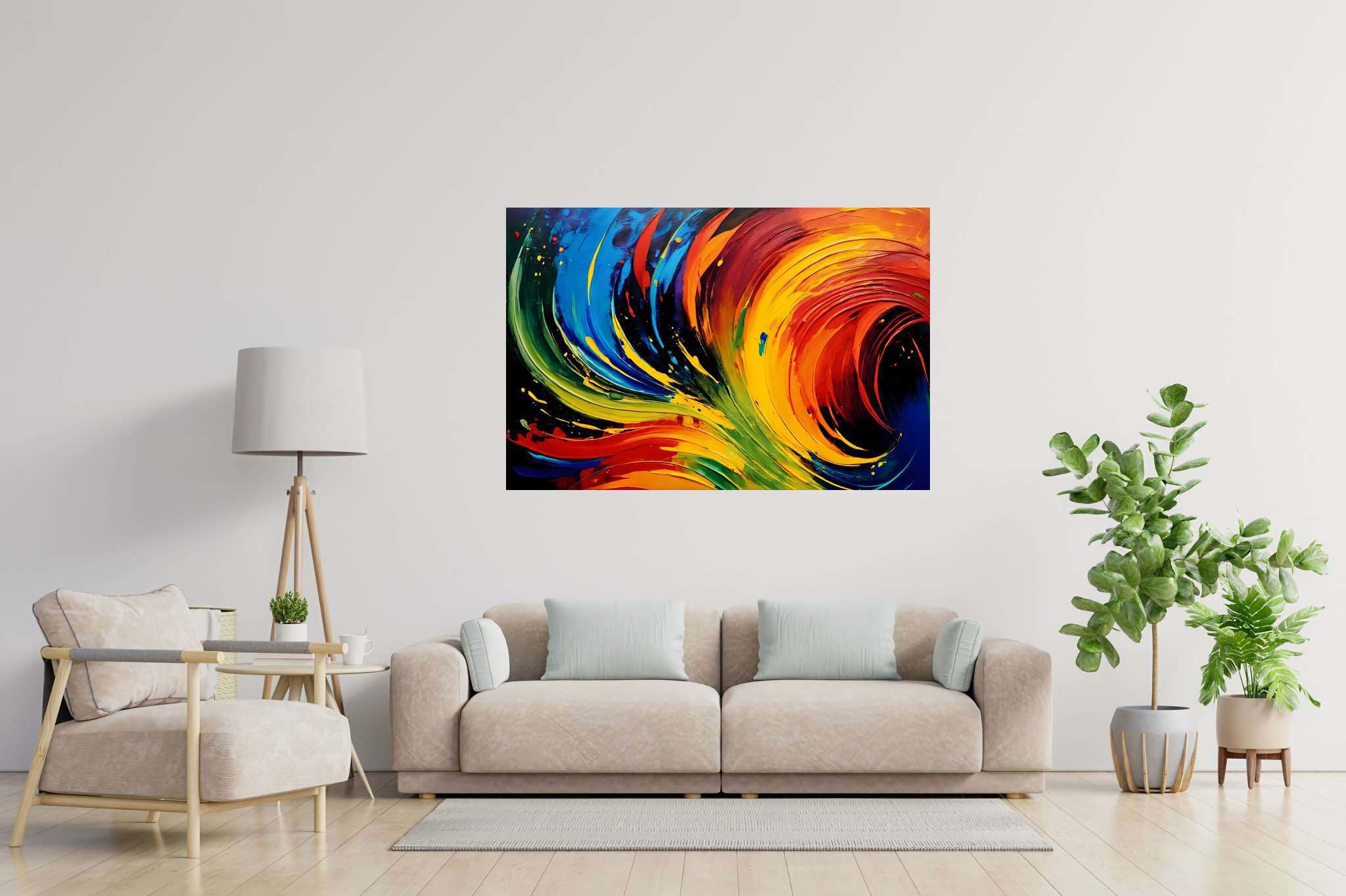 Chromatic rhapsody: Swirls art with swirling shapes, in a room with chic decor, fine art prints, and trendy home accents. The art can be printed on poster, framed poster, canvas, metal, acrylic or wood, exclusively at WallArtZen. Find this exact print at https://wallartzen.com/waz101