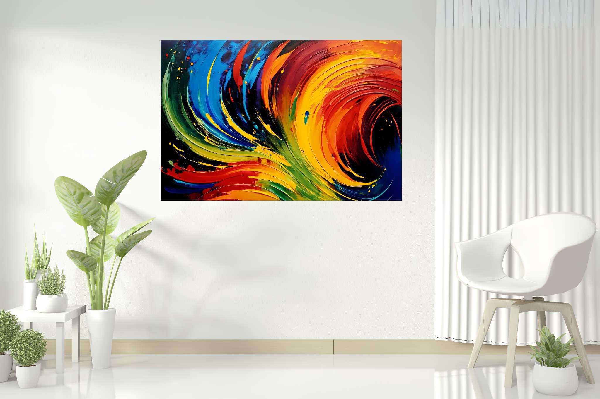 Chromatic rhapsody: Swirls art with expressive artwork, in a room with great design, wall hangings, and elegant home goods. The art can be printed on poster, framed poster, canvas, metal, acrylic or wood, exclusively at WallArtZen. Find this exact print at https://wallartzen.com/waz101