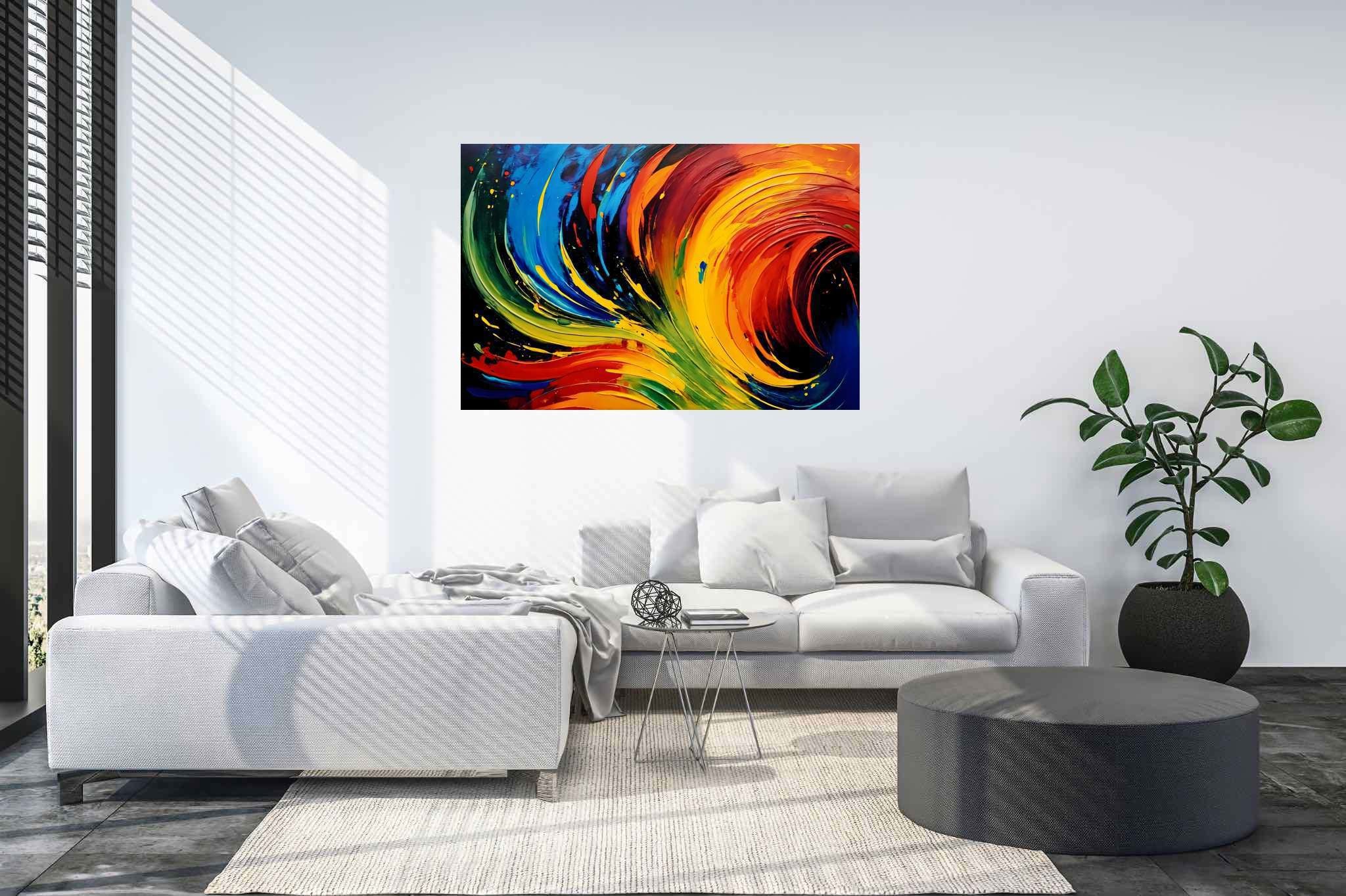Chromatic rhapsody: Swirls art with expressive artwork, in a room with classic elegance, photographic wall art, and decorative pieces. The art can be printed on poster, framed poster, canvas, metal, acrylic or wood, exclusively at WallArtZen. Find this exact print at https://wallartzen.com/waz101