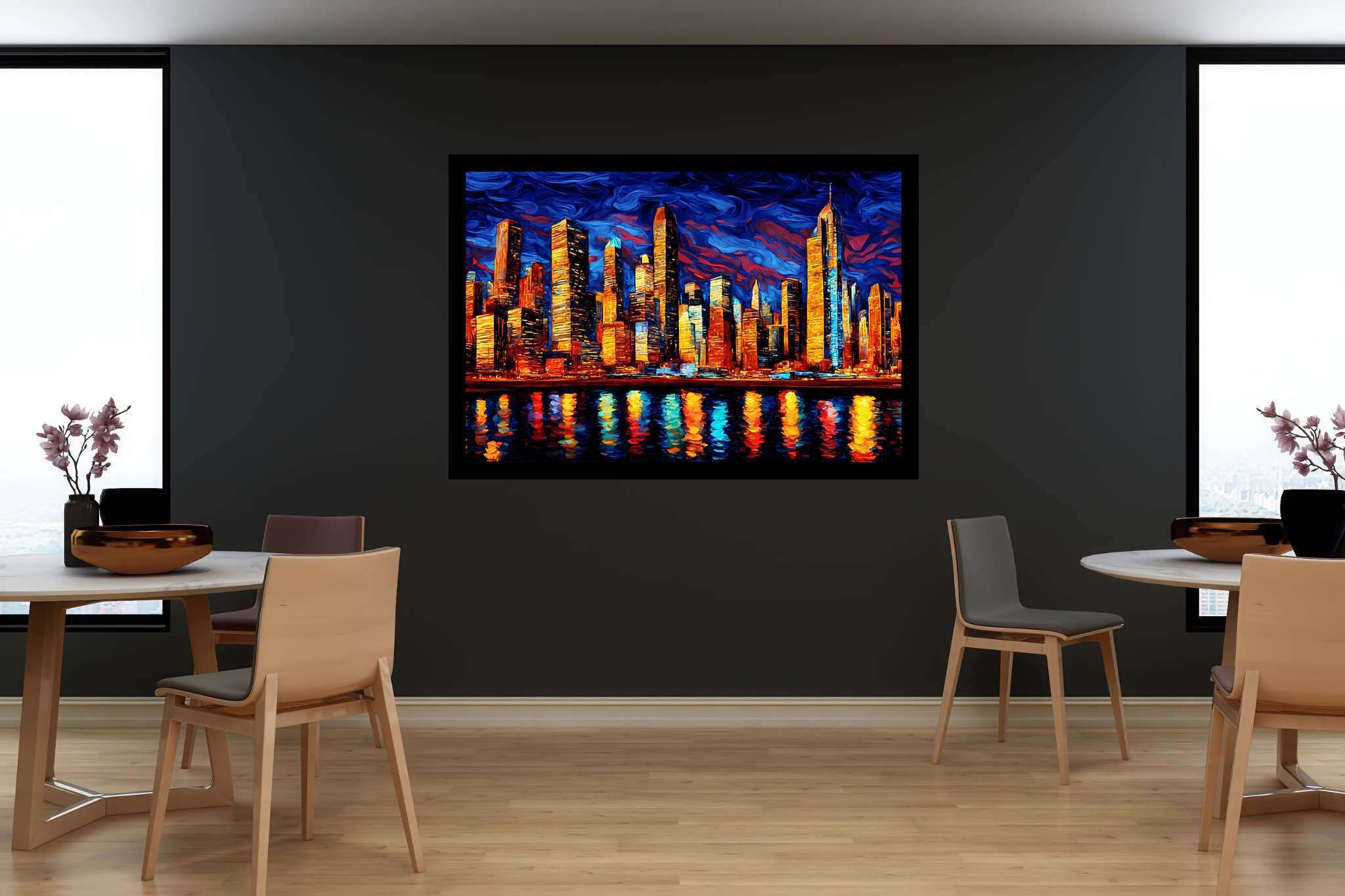 Starry heights reverie: Swirl art with mesmerizing compositions, in a room with innovative layout, photographic wall art, and luxe decor. The art can be printed on poster, framed poster, canvas, metal, acrylic or wood, exclusively at WallArtZen. Find this exact print at https://wallartzen.com/waz102