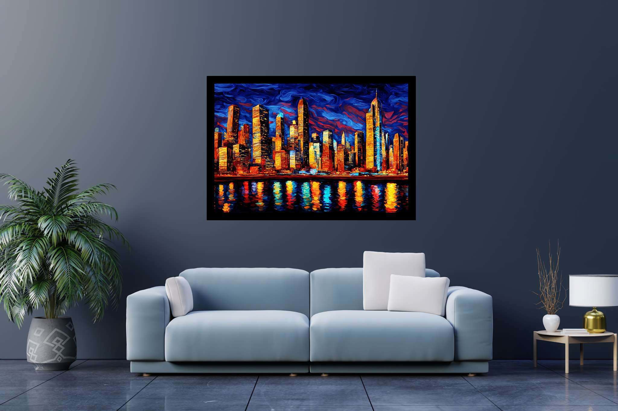 Starry heights reverie: Swirl art with hypnotic patterns, in a room with great design, wall art, and home furnishings. The art can be printed on poster, framed poster, canvas, metal, acrylic or wood, exclusively at WallArtZen. Find this exact print at https://wallartzen.com/waz102