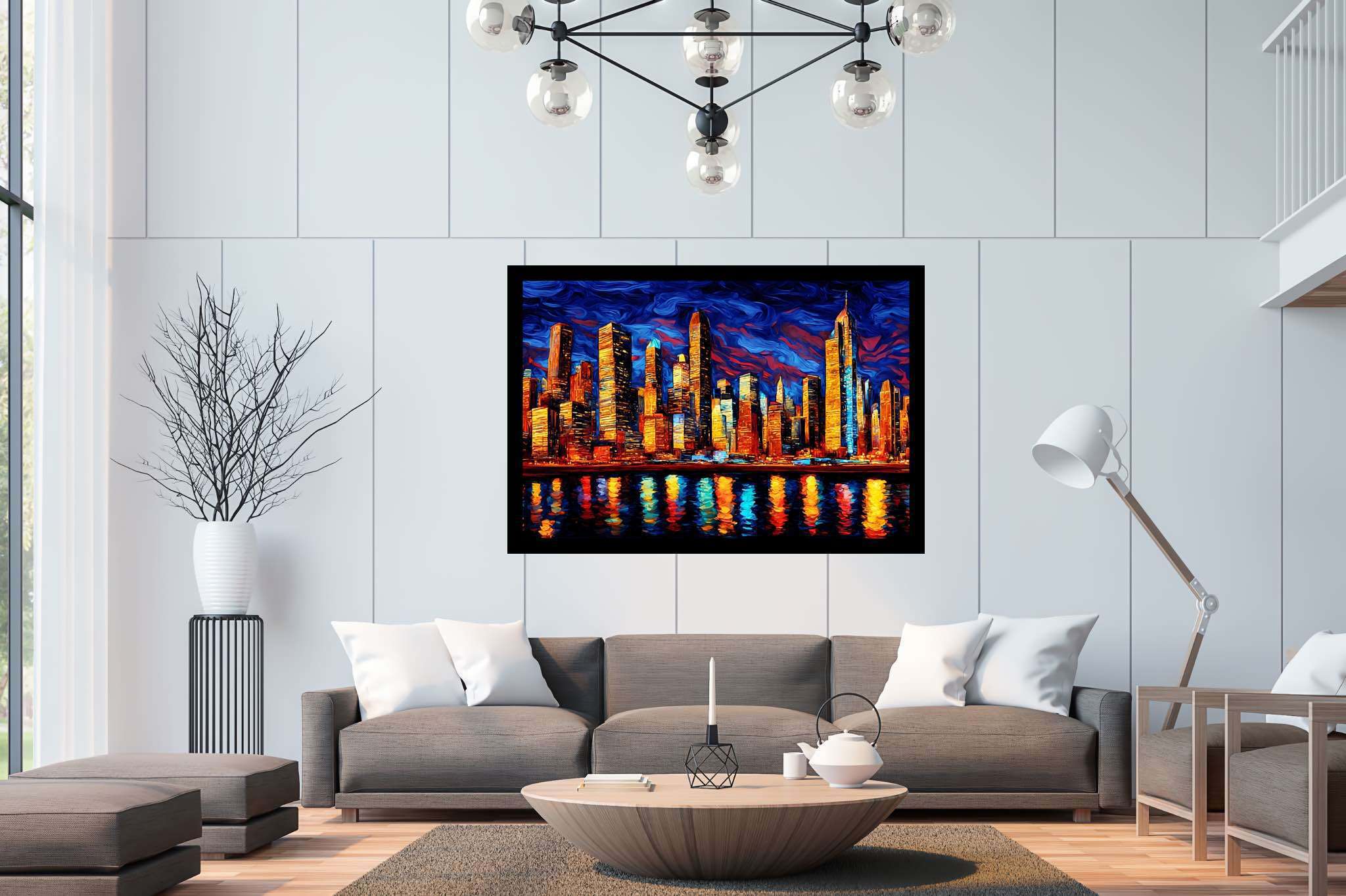 Starry heights reverie: Swirl art with imaginative creations, in a room with minimalist approach, bespoke art designs, and home styling items. The art can be printed on poster, framed poster, canvas, metal, acrylic or wood, exclusively at WallArtZen. Find this exact print at https://wallartzen.com/waz102