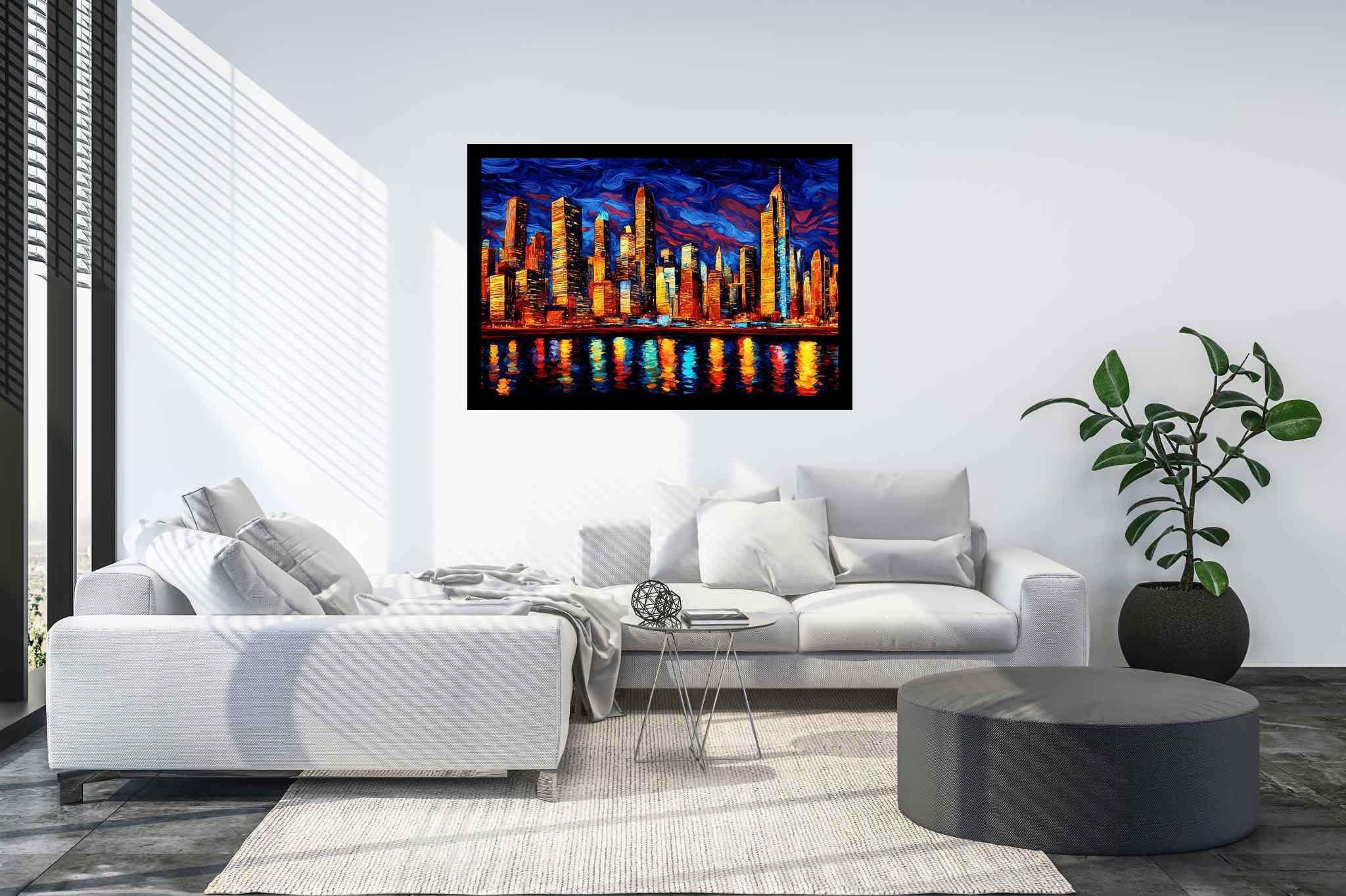 Starry heights reverie: Swirl art with vibrant paintings, in a room with chic decor, photographic wall art, and luxe decor. The art can be printed on poster, framed poster, canvas, metal, acrylic or wood, exclusively at WallArtZen. Find this exact print at https://wallartzen.com/waz102